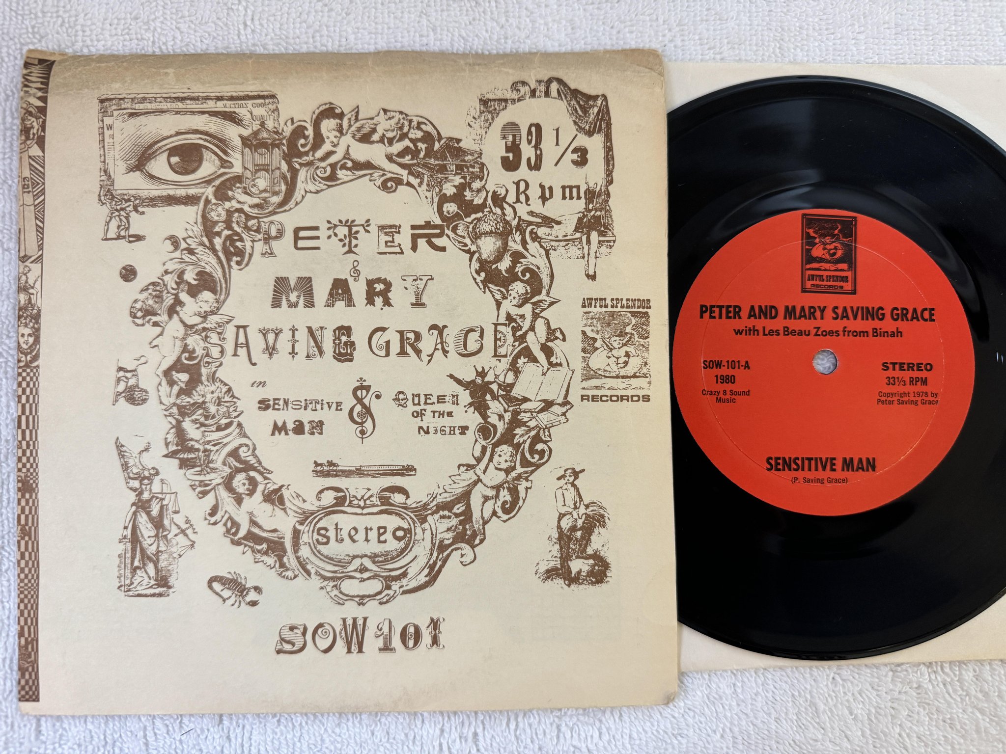 Omslagsbild för skivan PETER AND MARY SAVING GRACE Sensitive Man 7" -80 SOW-101 *** PUNK / PSYCH ***