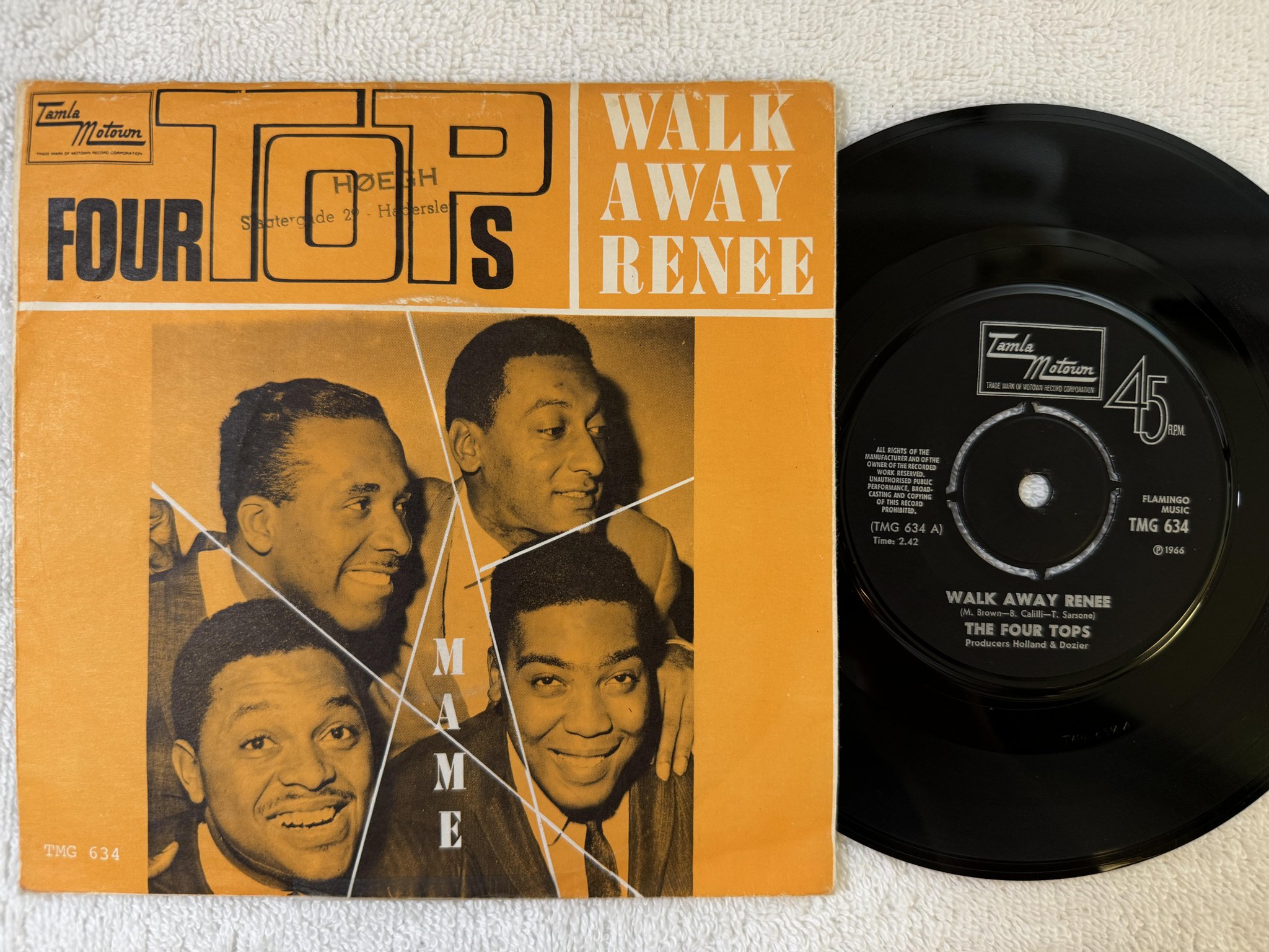 Omslagsbild för skivan FOUR TOPS Walk Away Renee 7" -68 Norway TAMLA MOTOWN TMG 634