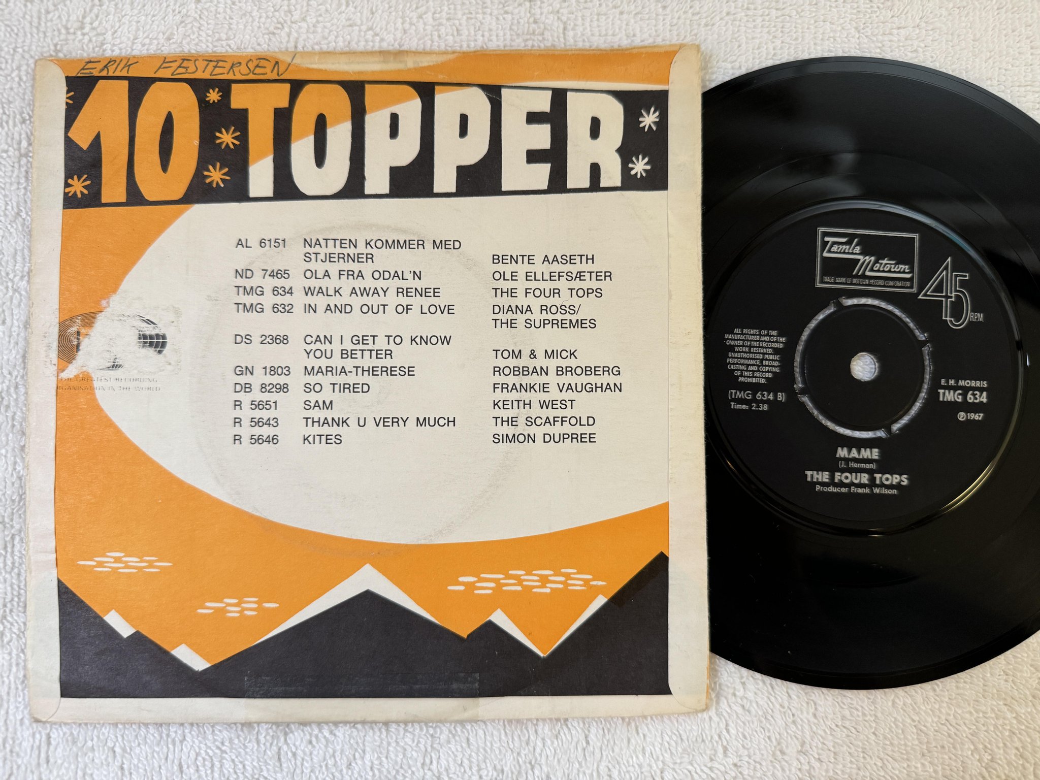 Omslagsbild för skivan FOUR TOPS Walk Away Renee 7" -68 Norway TAMLA MOTOWN TMG 634