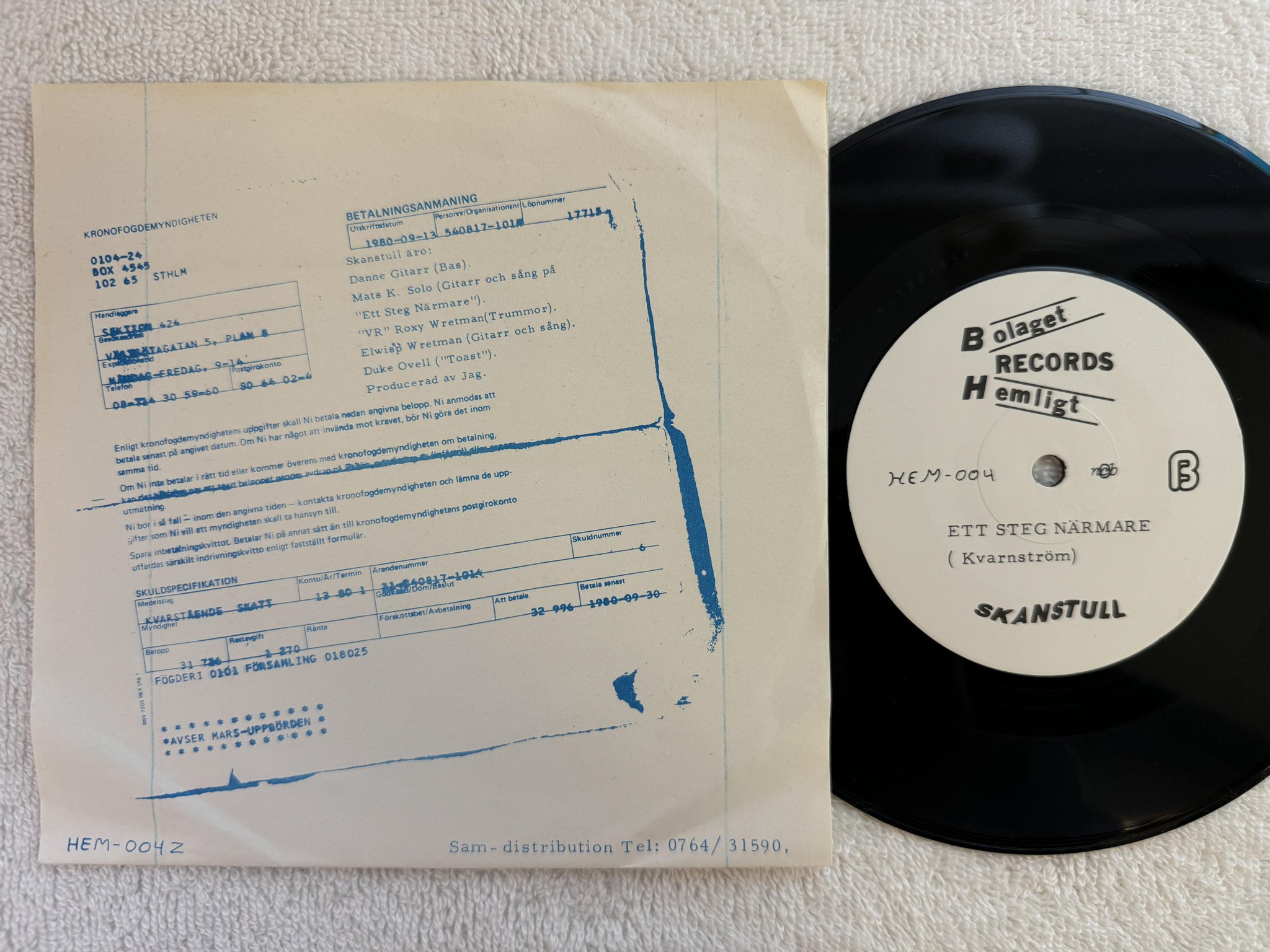 Omslagsbild för skivan SKANSTULL Inga Pengar Ingen Mat 7" -80 HELIGA BOLAGET HEM-004Z