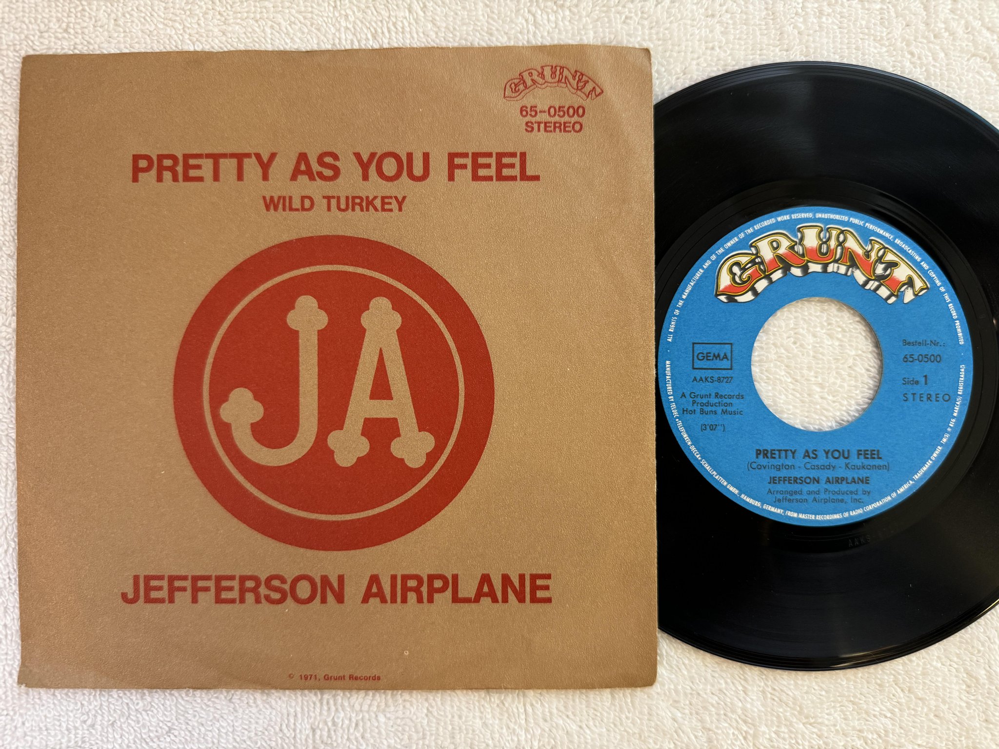 Omslagsbild för skivan JEFFERSON AIRPLANE pretty as you feel 7" Ger GRUNT 65-0500