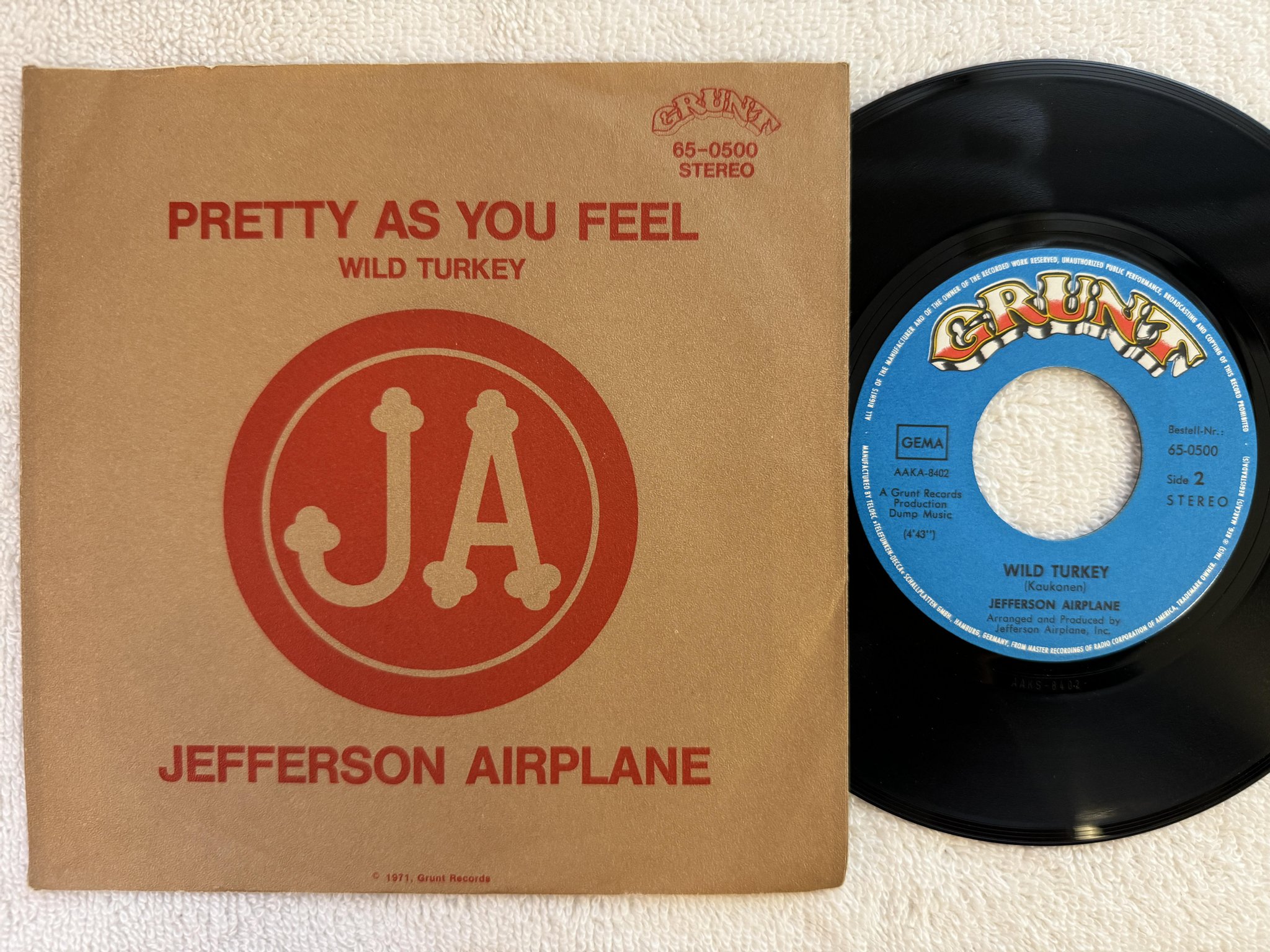 Omslagsbild för skivan JEFFERSON AIRPLANE pretty as you feel 7" Ger GRUNT 65-0500