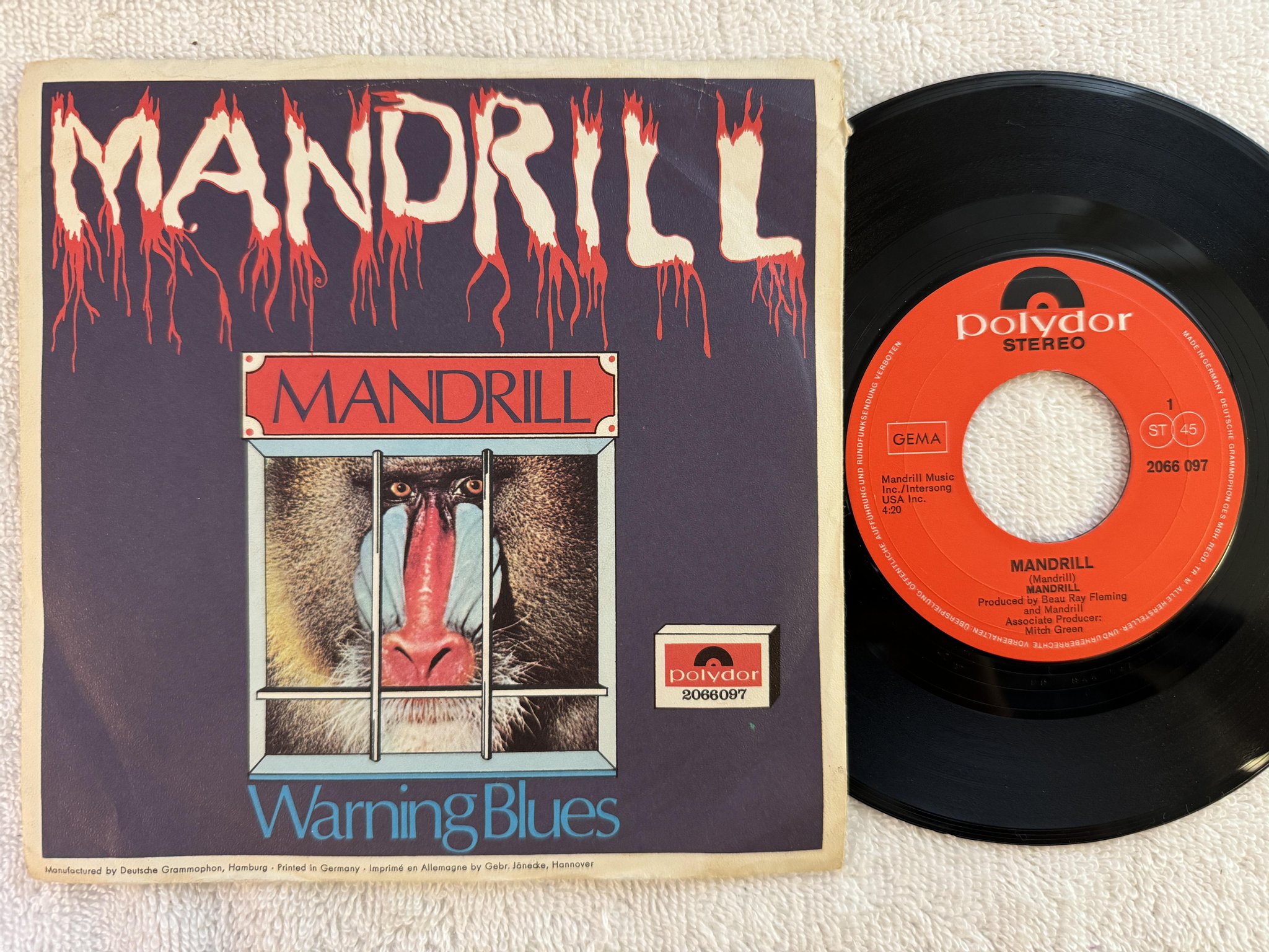 Omslagsbild för skivan MANDRILL Warning Blues 7" -71 Ger POLYDOR 2066 097
