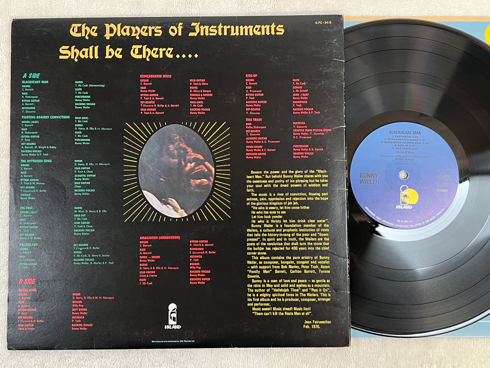 Omslagsbild för skivan BUNNY WAILER blackheart man LP -76 UK ISLAND ILPS 9415