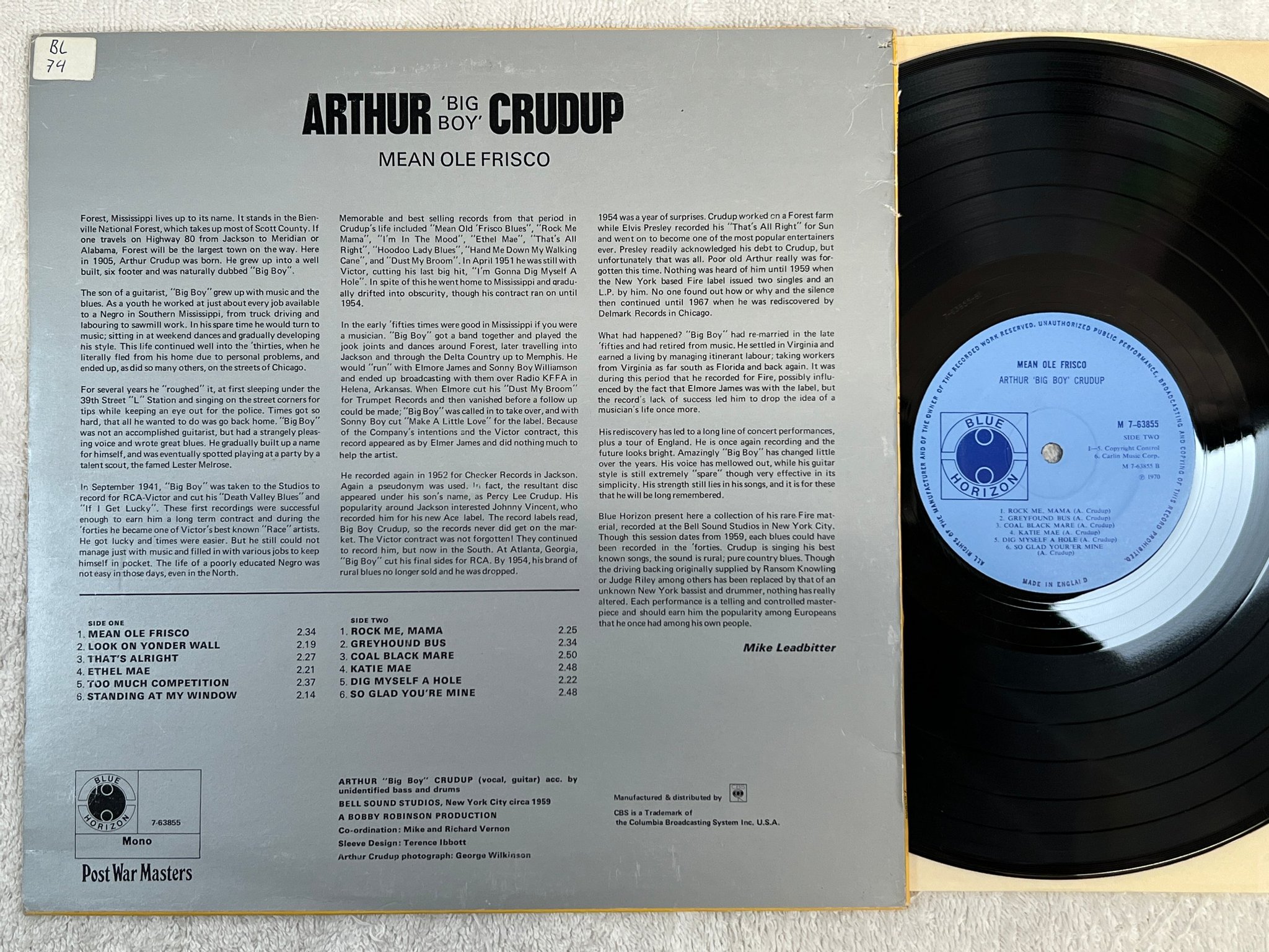 Omslagsbild för skivan ARTHUR "BIG BOY" CRUDUP mean ole Frisco LP -70 UK mono BLUE HORIZON M 7-63855