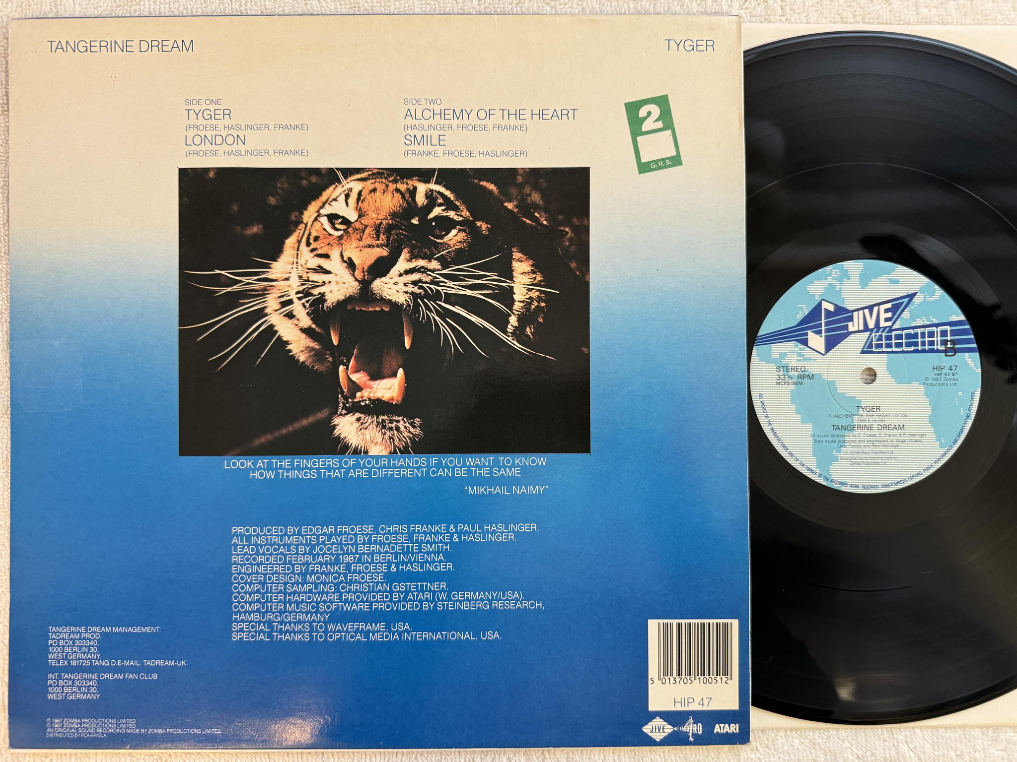 Omslagsbild för skivan TANGERINE DREAM tyger LP -87 UK JIVE ELECTRO HIP-47