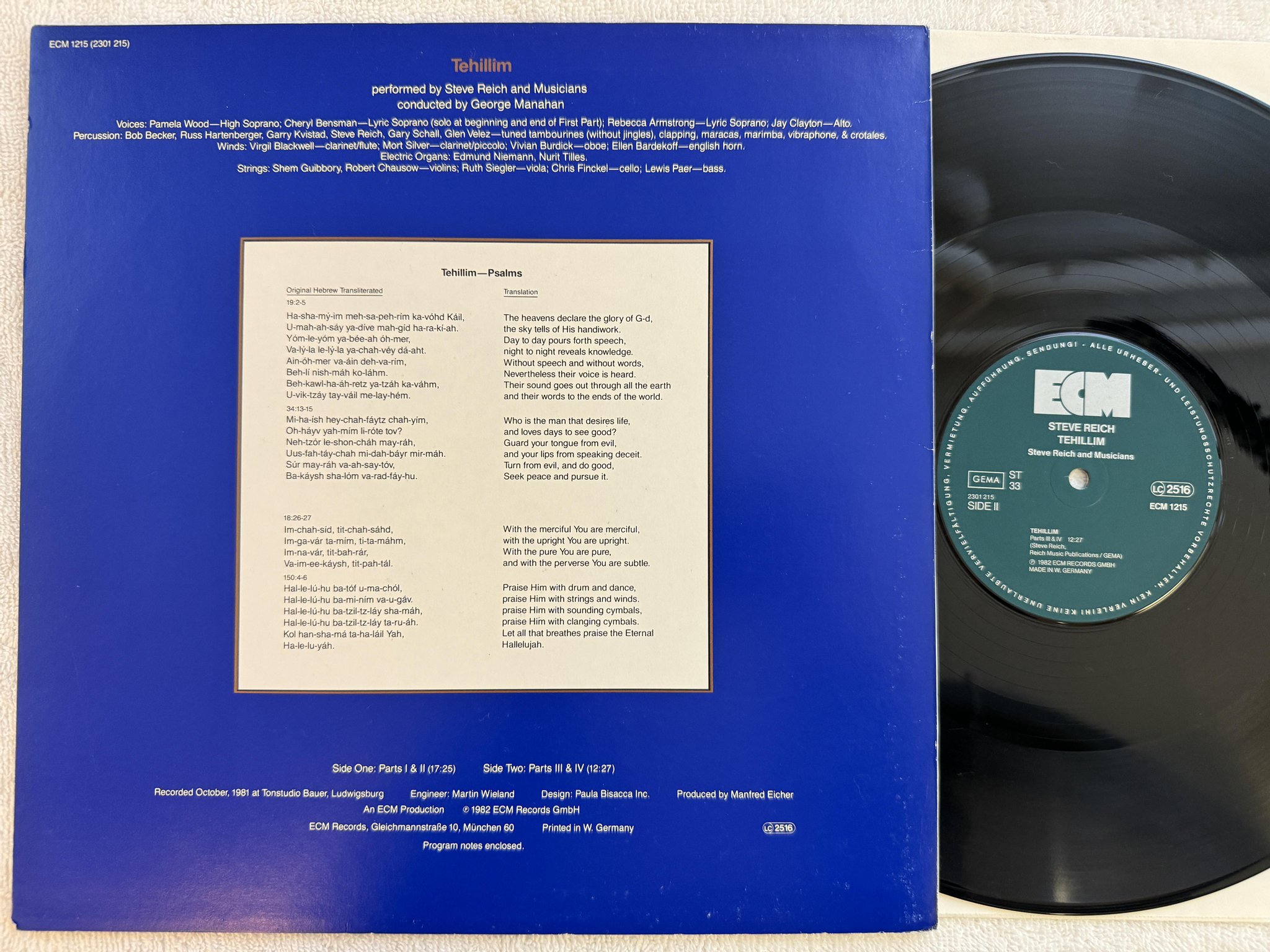 Omslagsbild för skivan STEVE REICH tehillim LP -82 Ger ECM 1215