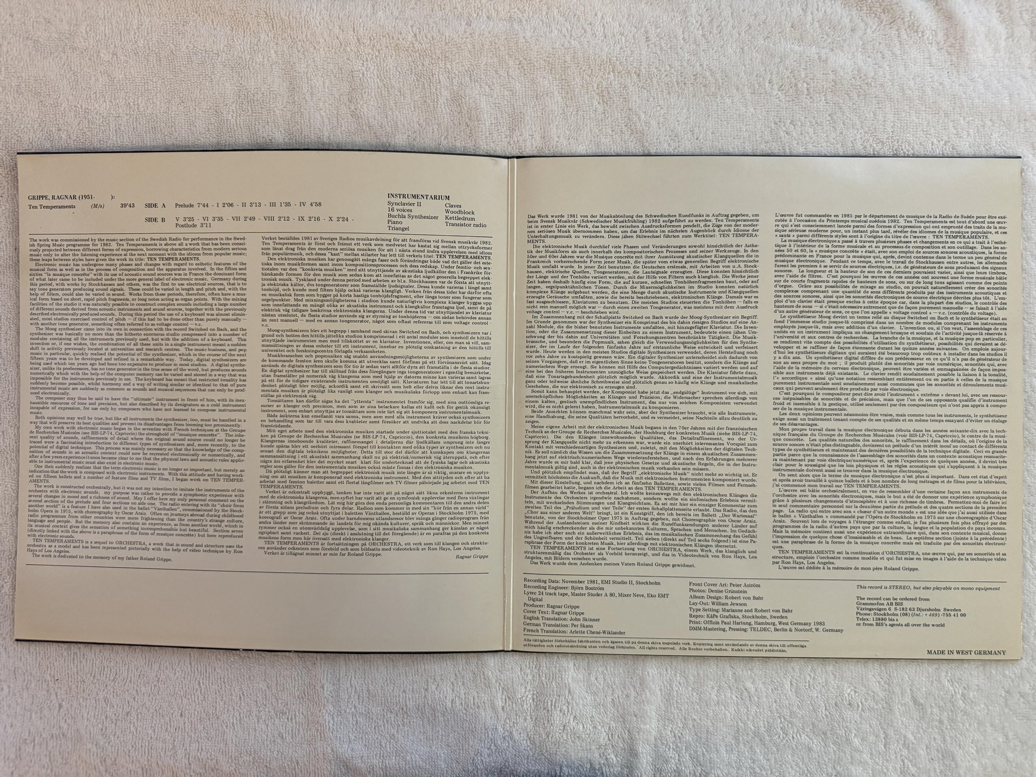 Omslagsbild för skivan RAGNAR GRIPPE Ten Temperaments LP -82 Swe BIS LP-241 *** MODERN CLASSICAL ***