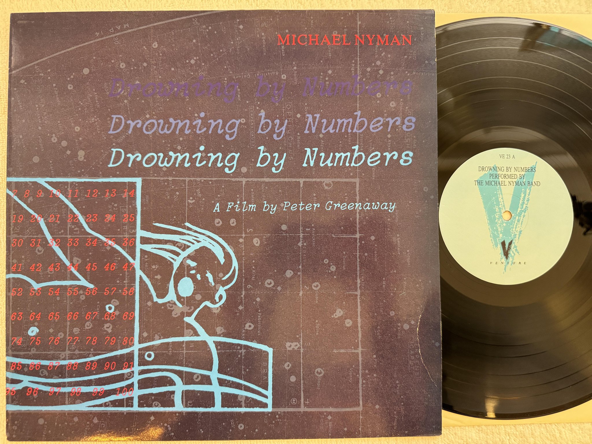 Omslagsbild för skivan MICHAEL NYMAN drowning by numbers LP -88 UK VENTURE VE 23