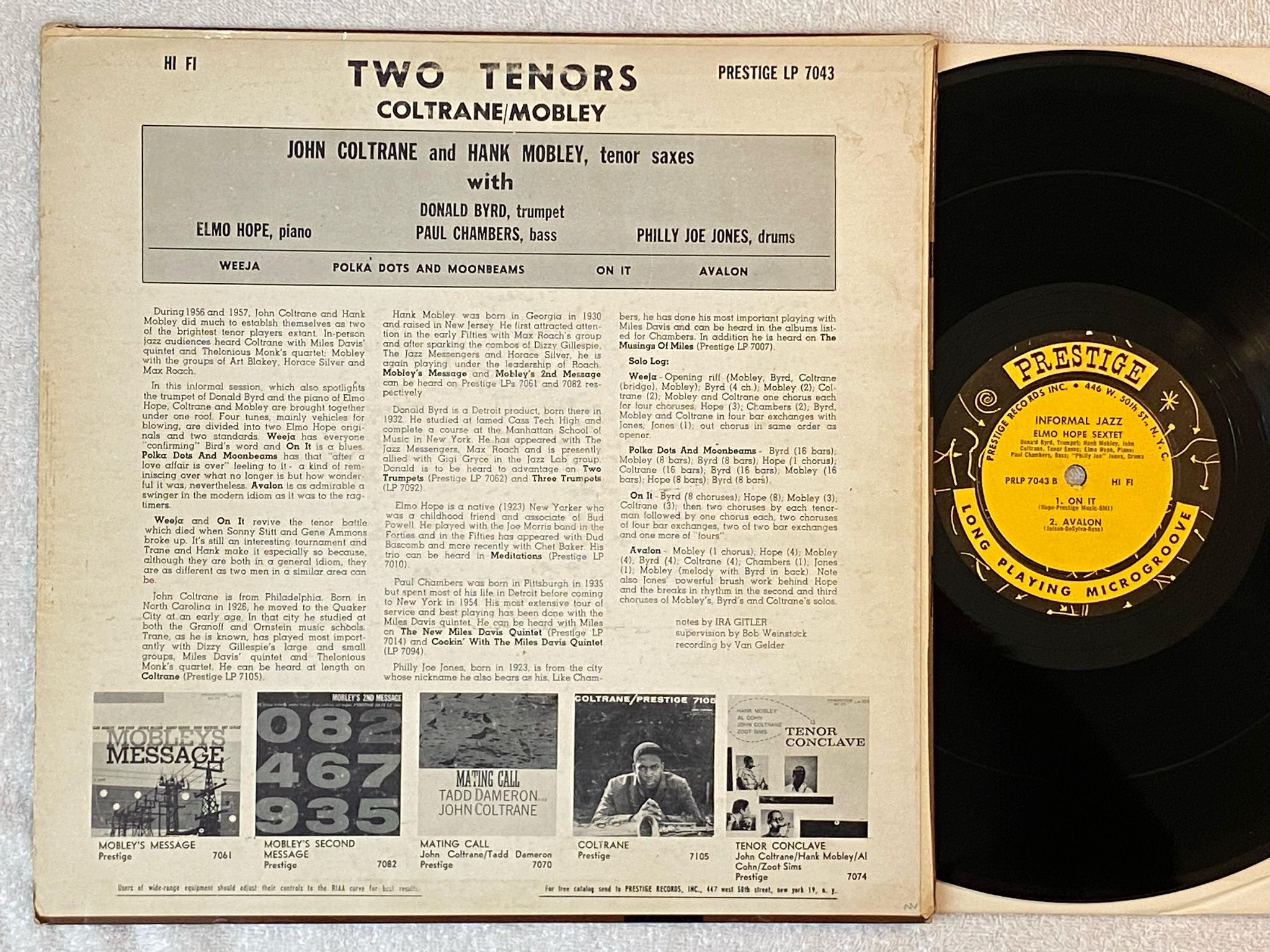 Omslagsbild för skivan HANK MOBLEY & JOHN COLTRANE two tenors LP -58 US PRESTIGE PRLP 7043 ** 446 W. **