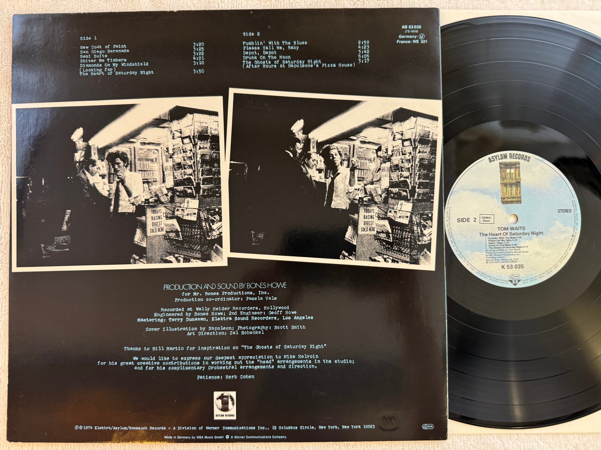 Omslagsbild för skivan TOM WAITS the heart of Saturday night LP Ger ASYLUM K 53035