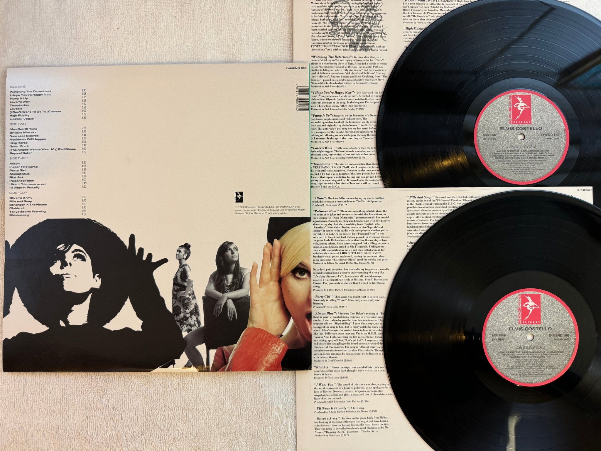 Omslagsbild för skivan ELVIS COSTELLO Girls +£÷ Girls =$& Girls 2xLP -89 DEMON D-FIEND 160