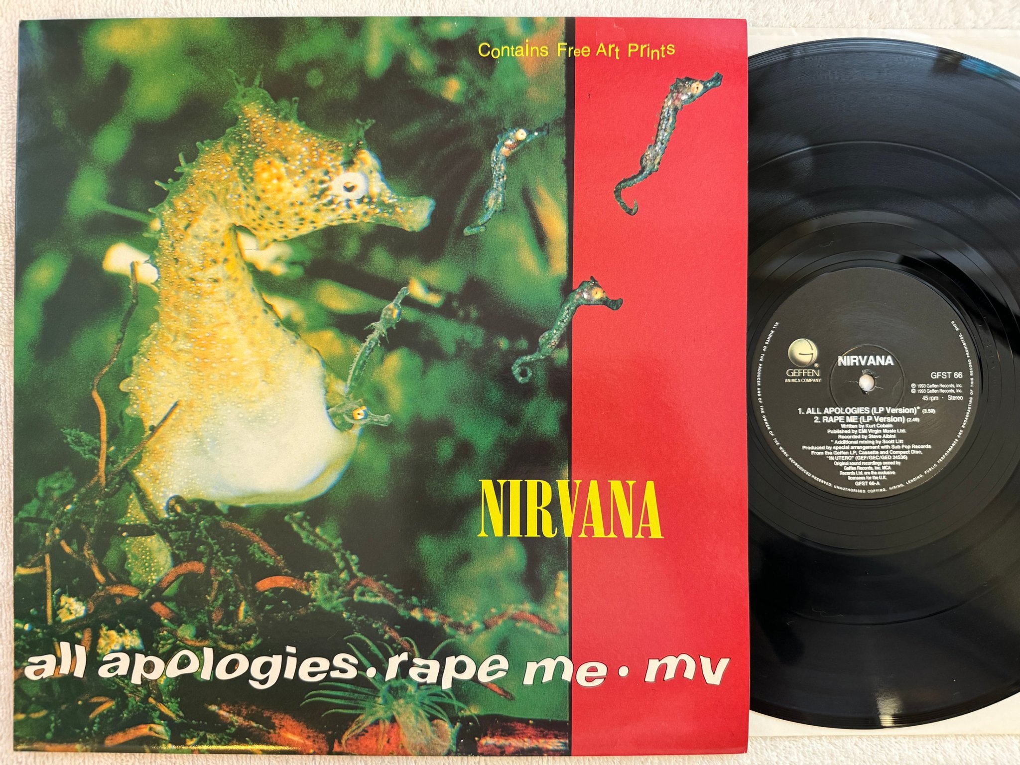Omslagsbild för skivan NIRVANA All Apologies 12" -93 UK GEFFEN GFST 66 *** Rare w/ 2 art prints ***