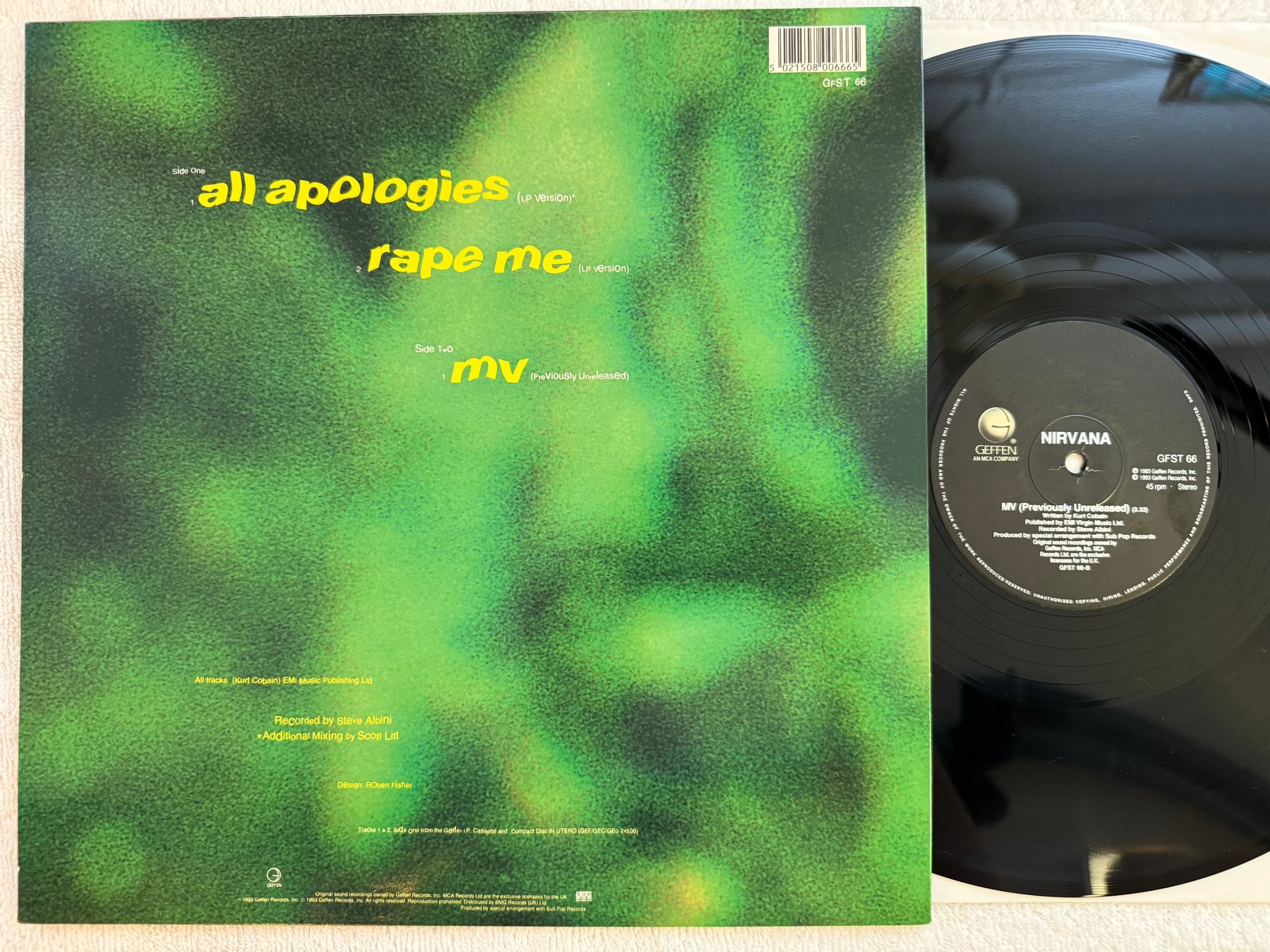 Omslagsbild för skivan NIRVANA All Apologies 12" -93 UK GEFFEN GFST 66 *** Rare w/ 2 art prints ***