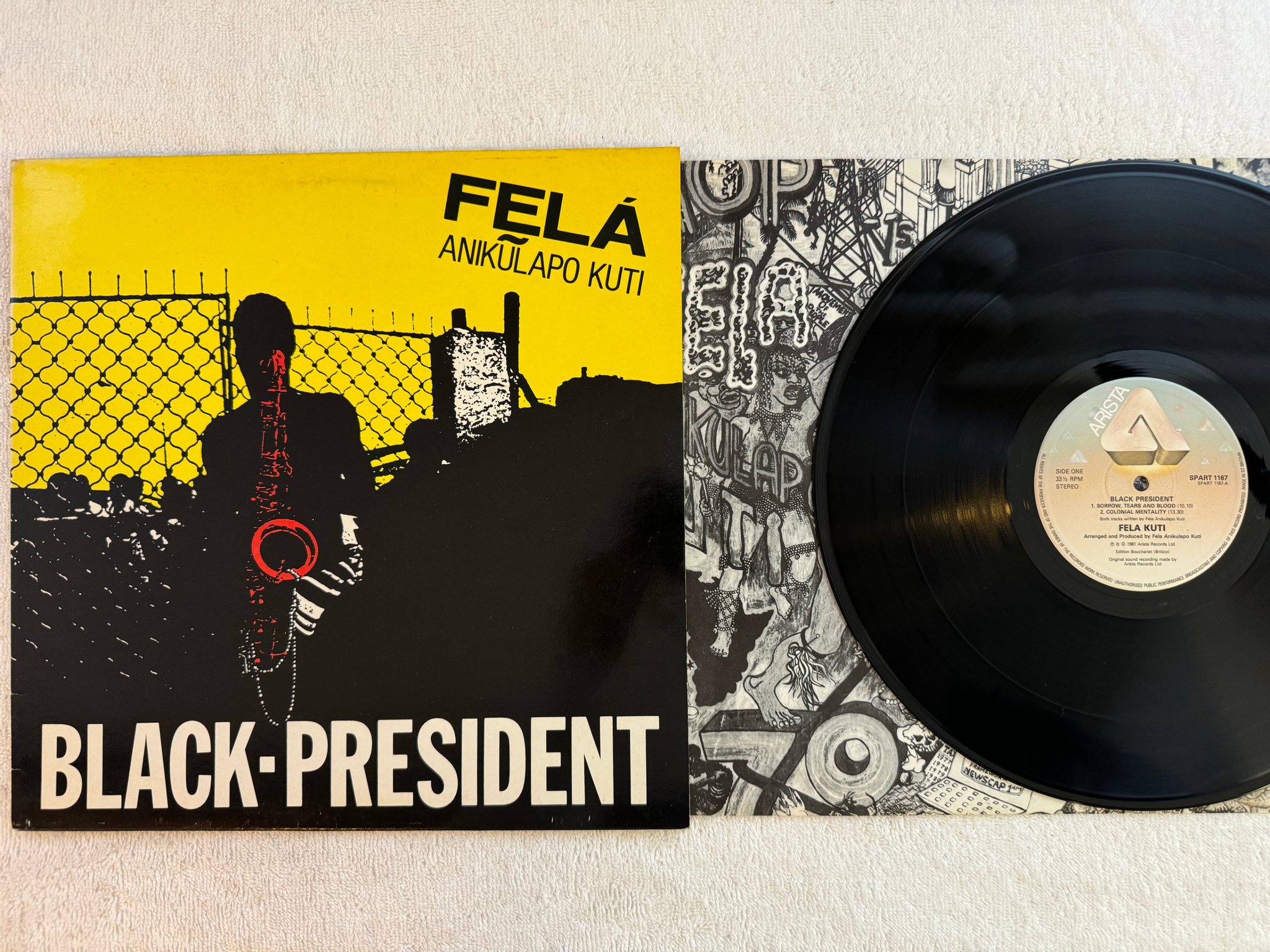 Omslagsbild för skivan FELA KUTI black president LP -81 UK ARISTA SPART 1167 *** AFROFUNK ***