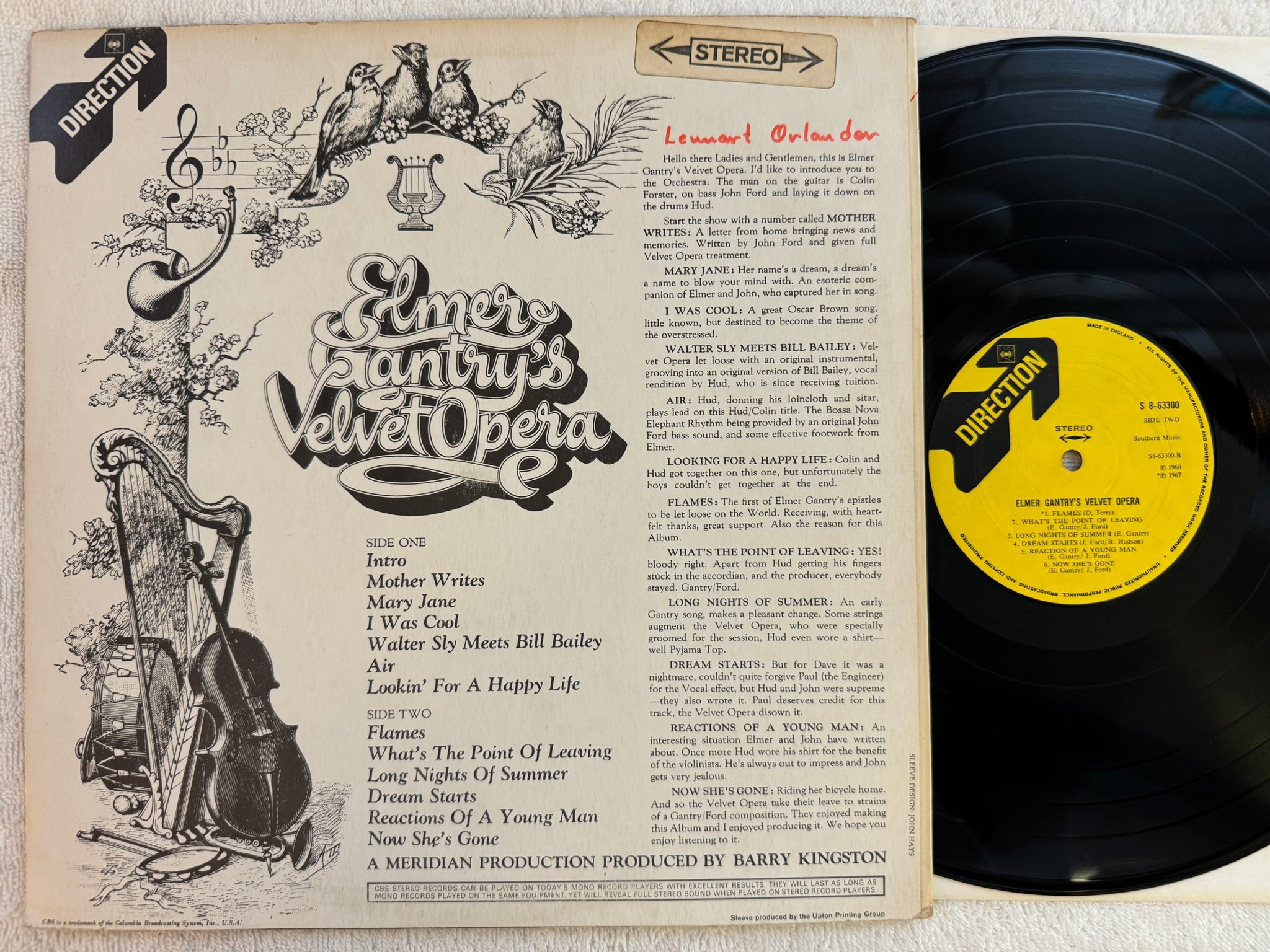 Omslagsbild för skivan ELMER GANTRY'S VELVET OPERA s/t LP -68 DIRECTION 8-63300 *** 2ND ISSUE ***