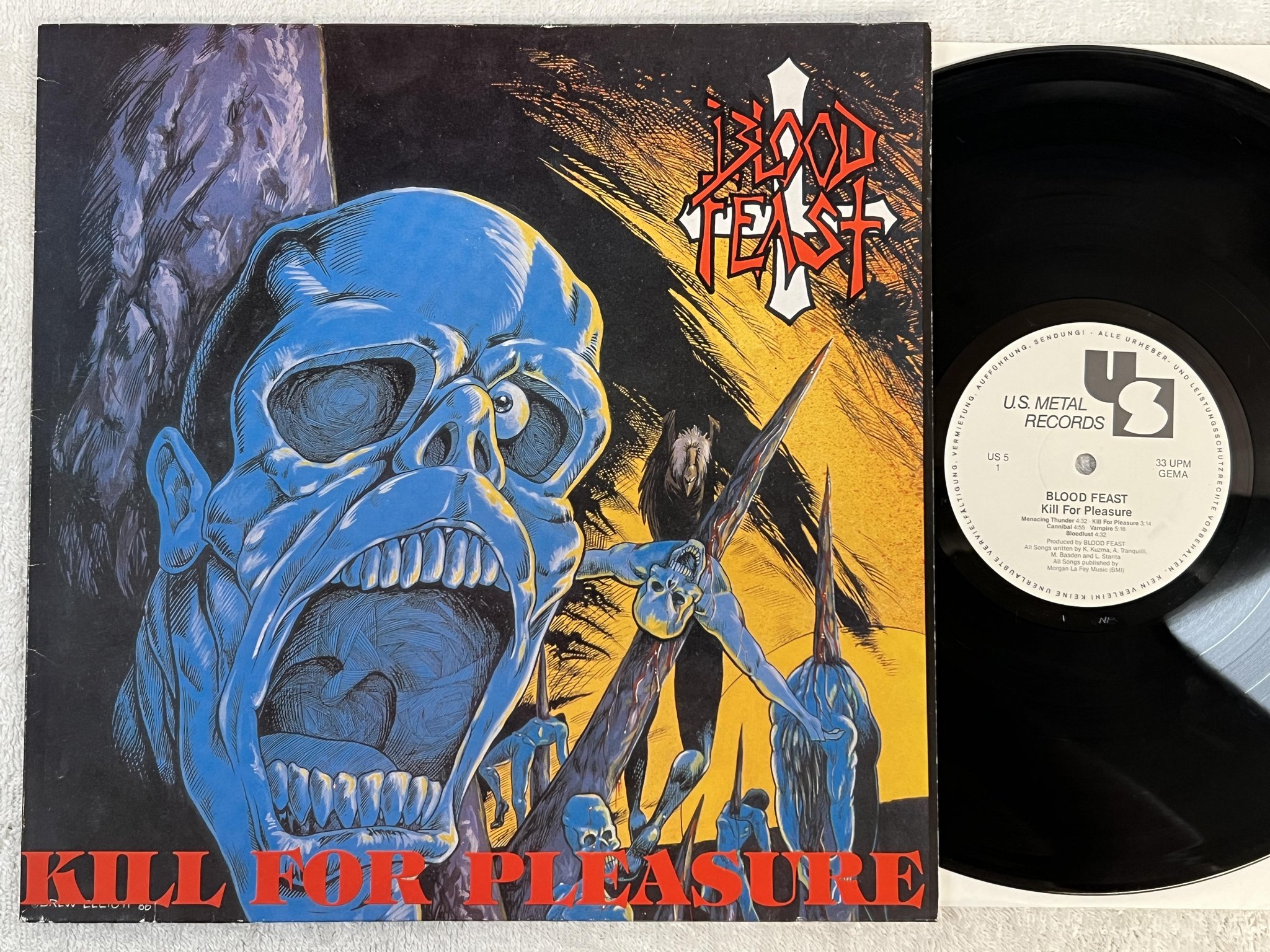 Omslagsbild för skivan BLOOD FEAST kill for pleasure LP -86 Ger US METAL U.S.5