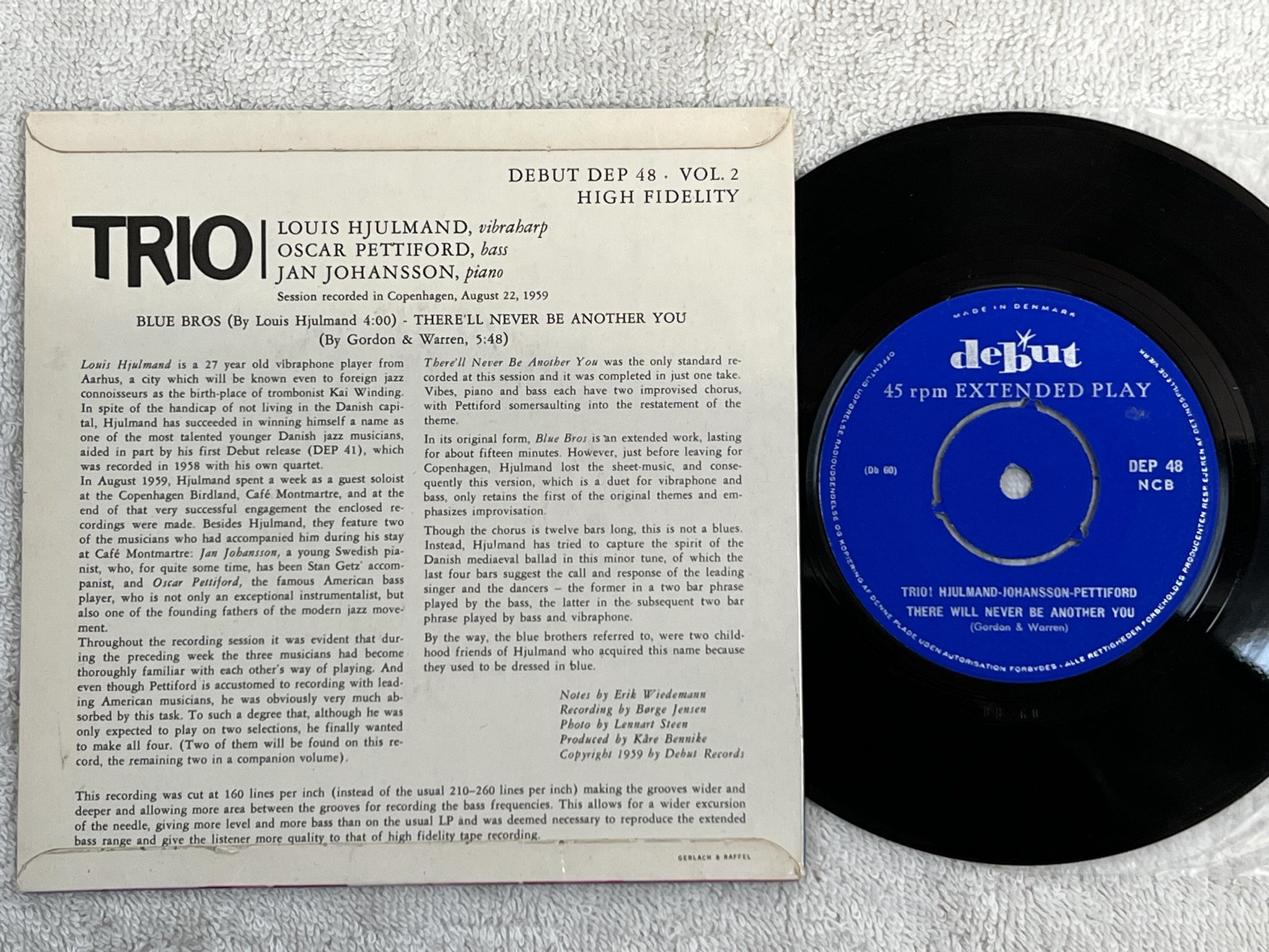 Omslagsbild för skivan HJULMAND PETTIFORD JOHANSSON TRIO vol 2 7" -59 Denmark DEBUT DEP 48