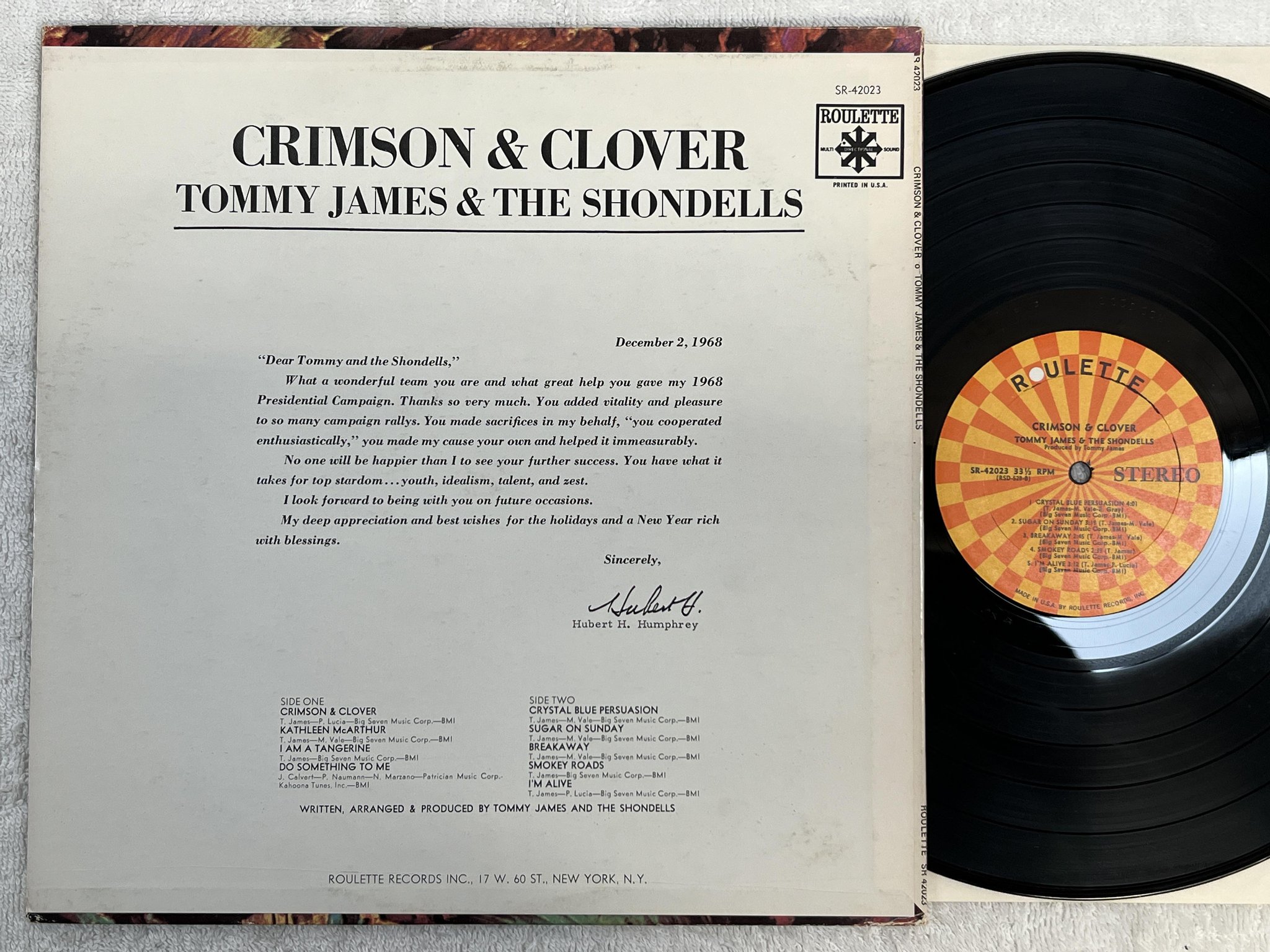Omslagsbild för skivan TOMMY JAMES & THE SHONDELLS Crimson & Clover LP -69 US Roulette SR 42023