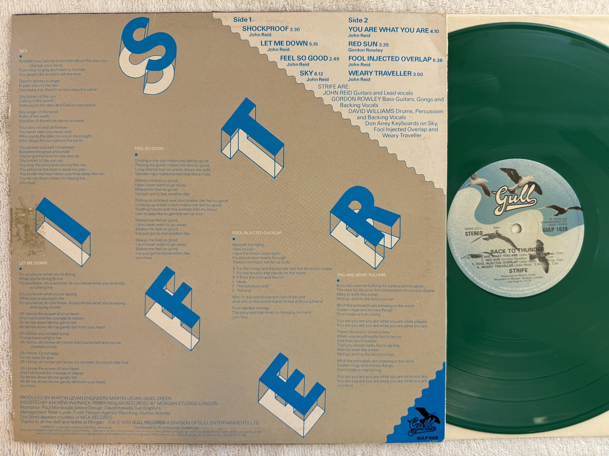 Omslagsbild för skivan STRIFE back to thunder LP -78 UK GULL GULP 1029 *** GREEN VINYL ***
