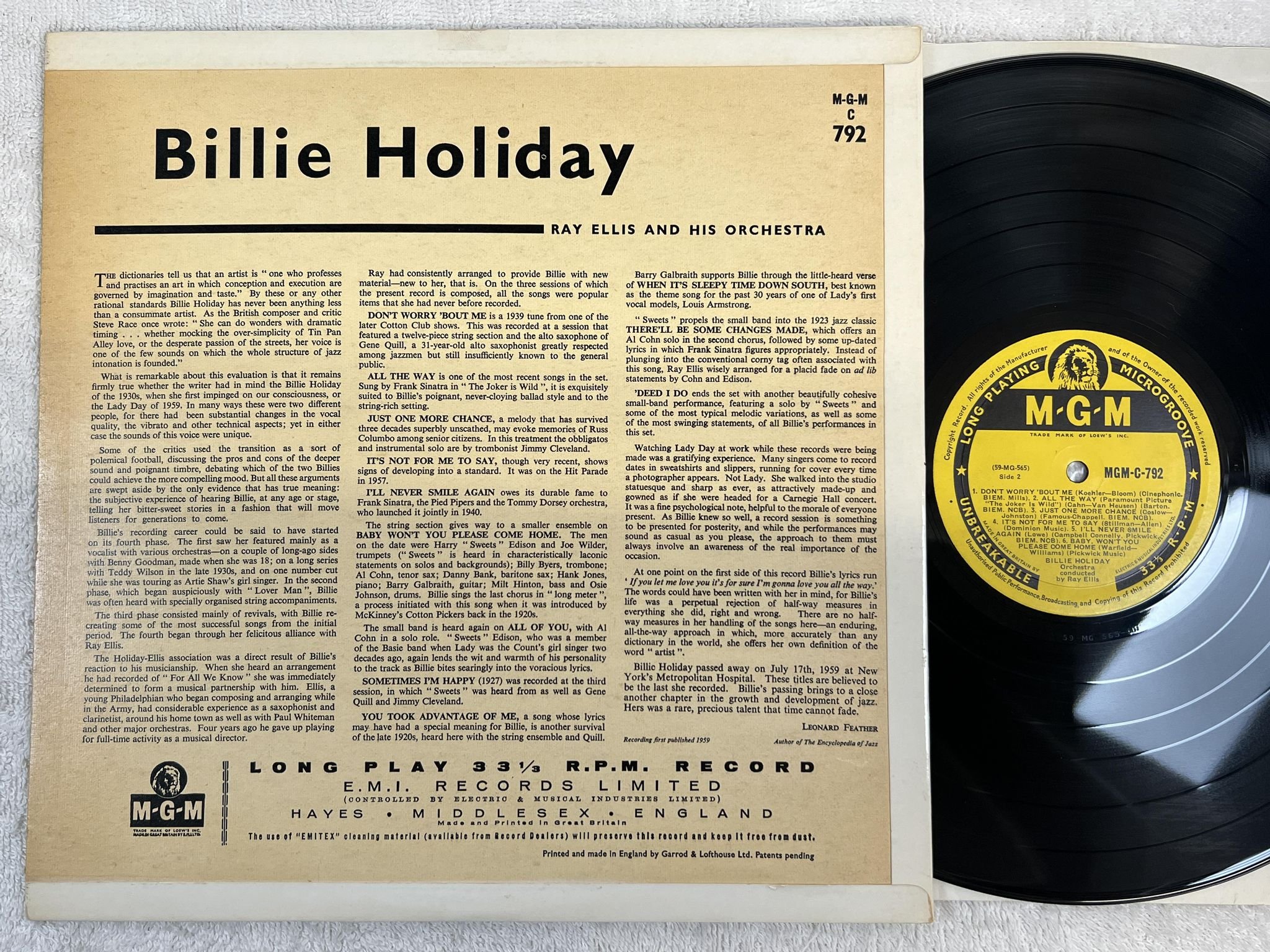 Omslagsbild för skivan BILLIE HOLIDAY With Ray Ellis And His Orchestra LP -59 UK MGM C 792 *** WOW ***
