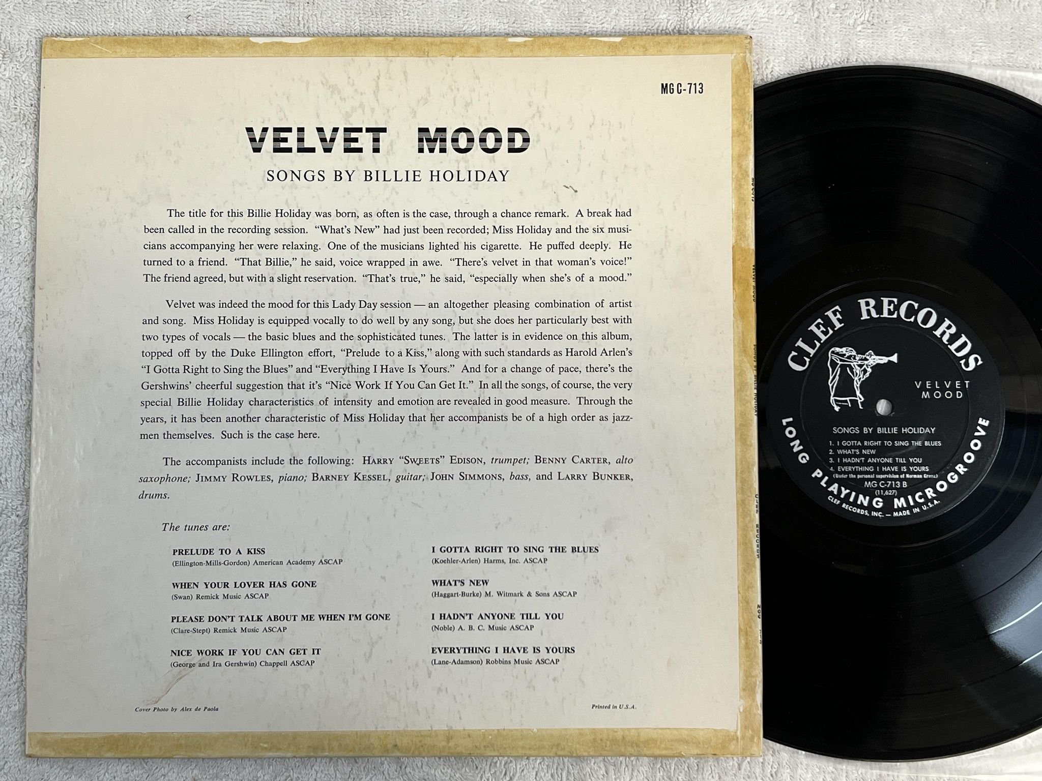 Omslagsbild för skivan BILLIE HOLIDAY songs by LP -56 US CLEF RECORDS MG C-713 *** RARE ***