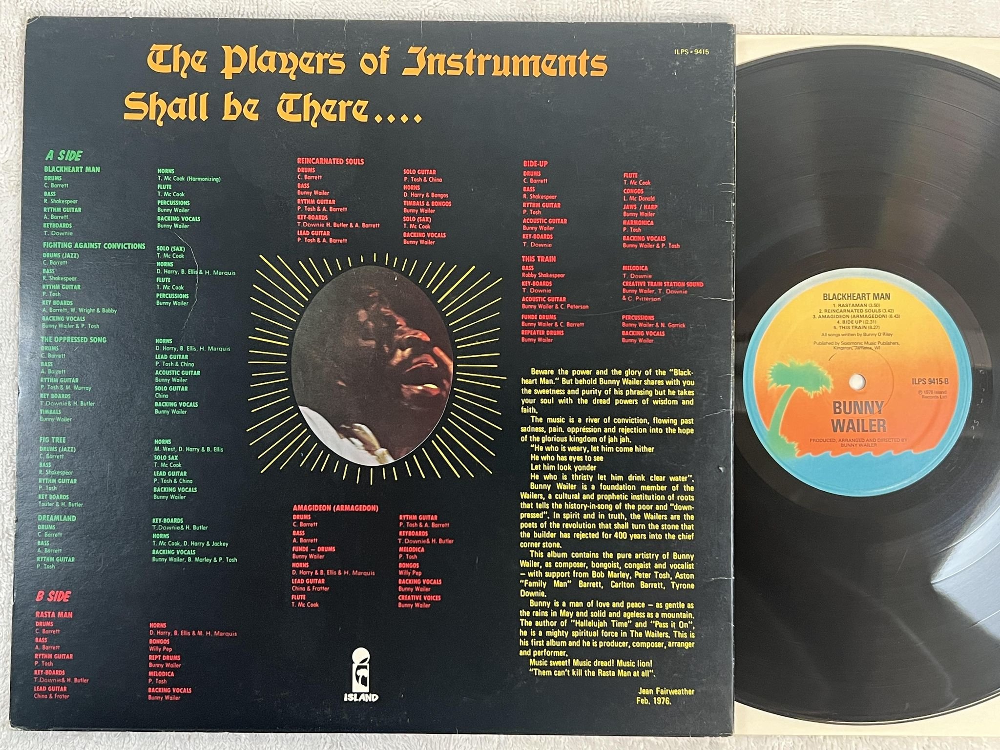 Omslagsbild för skivan BUNNY WAILER blackheart man LP -76 UK ISLAND ILPS 9415