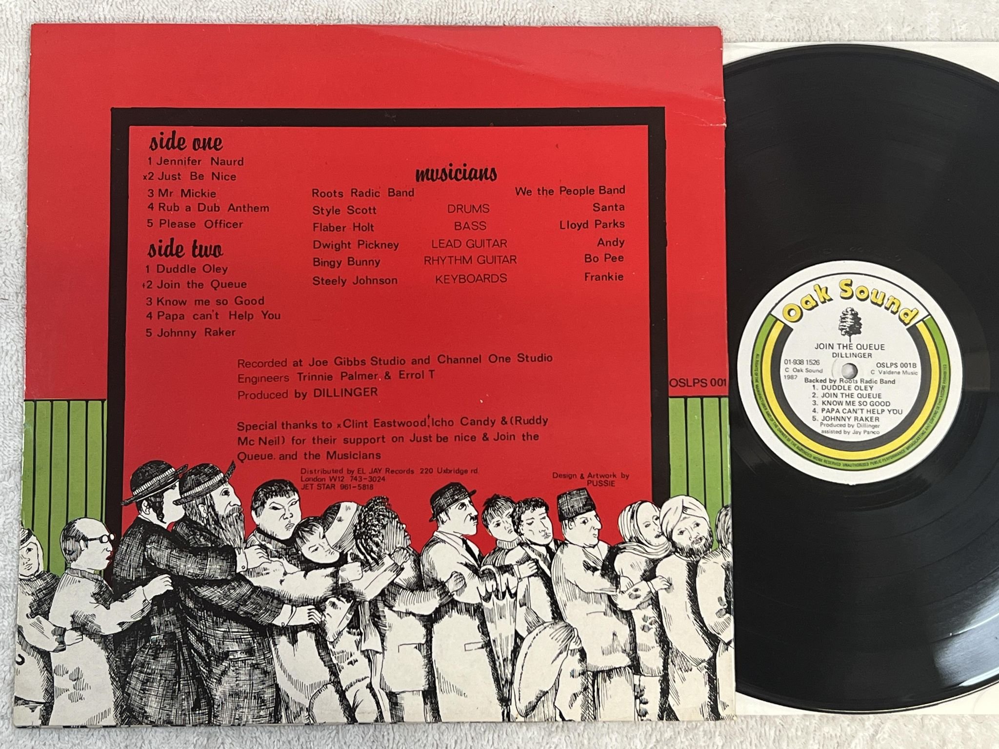 Omslagsbild för skivan DILLINGER w/ ROOTS RADICS join the queue LP -82 UK OAK SOUND OSLPS 001