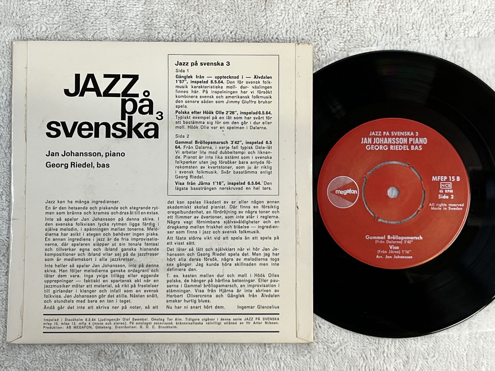 Omslagsbild för skivan JAN JOHANSSON jazz på svenska 3 7" -64 Swe MEGAFON MFEP 15