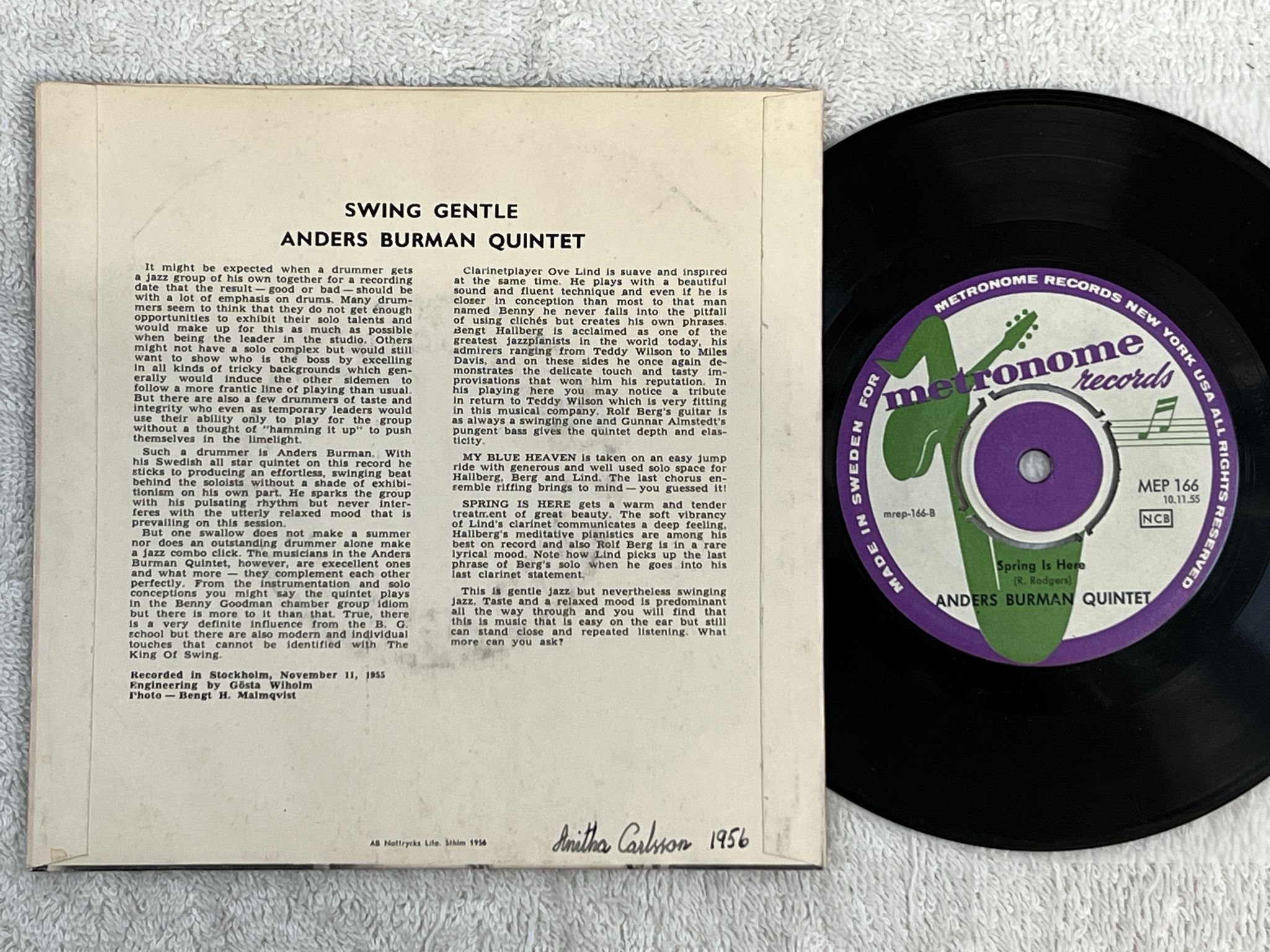 Omslagsbild för skivan ANDERS BURMAN QUINTET my blue heaven 7" -56 Swe METRONOME MEP 166