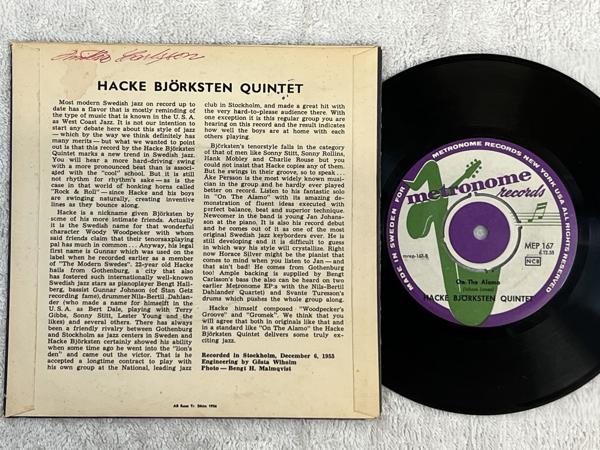 Omslagsbild för skivan HACKE BJÖRKSTEN QUINTET Woodpecker's Groove 7"EP -56 Swe METRONOME MEP 167