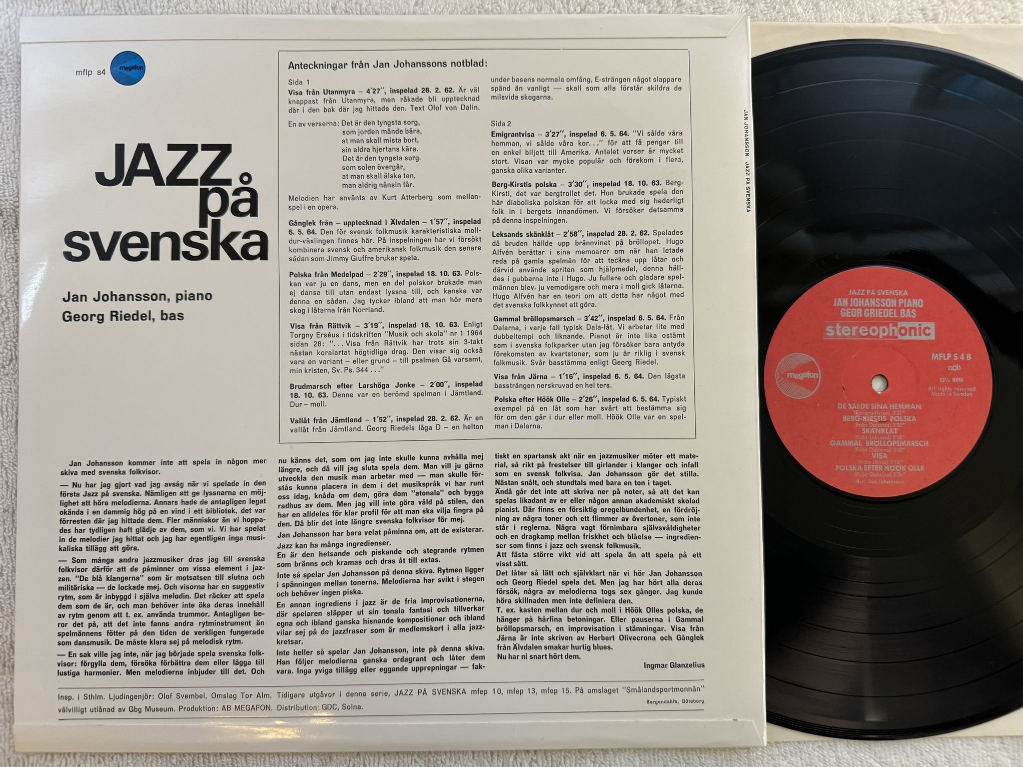 Omslagsbild för skivan JAN JOHANSSON jazz på svenska LP Swe MEGAFON MDLP S 4