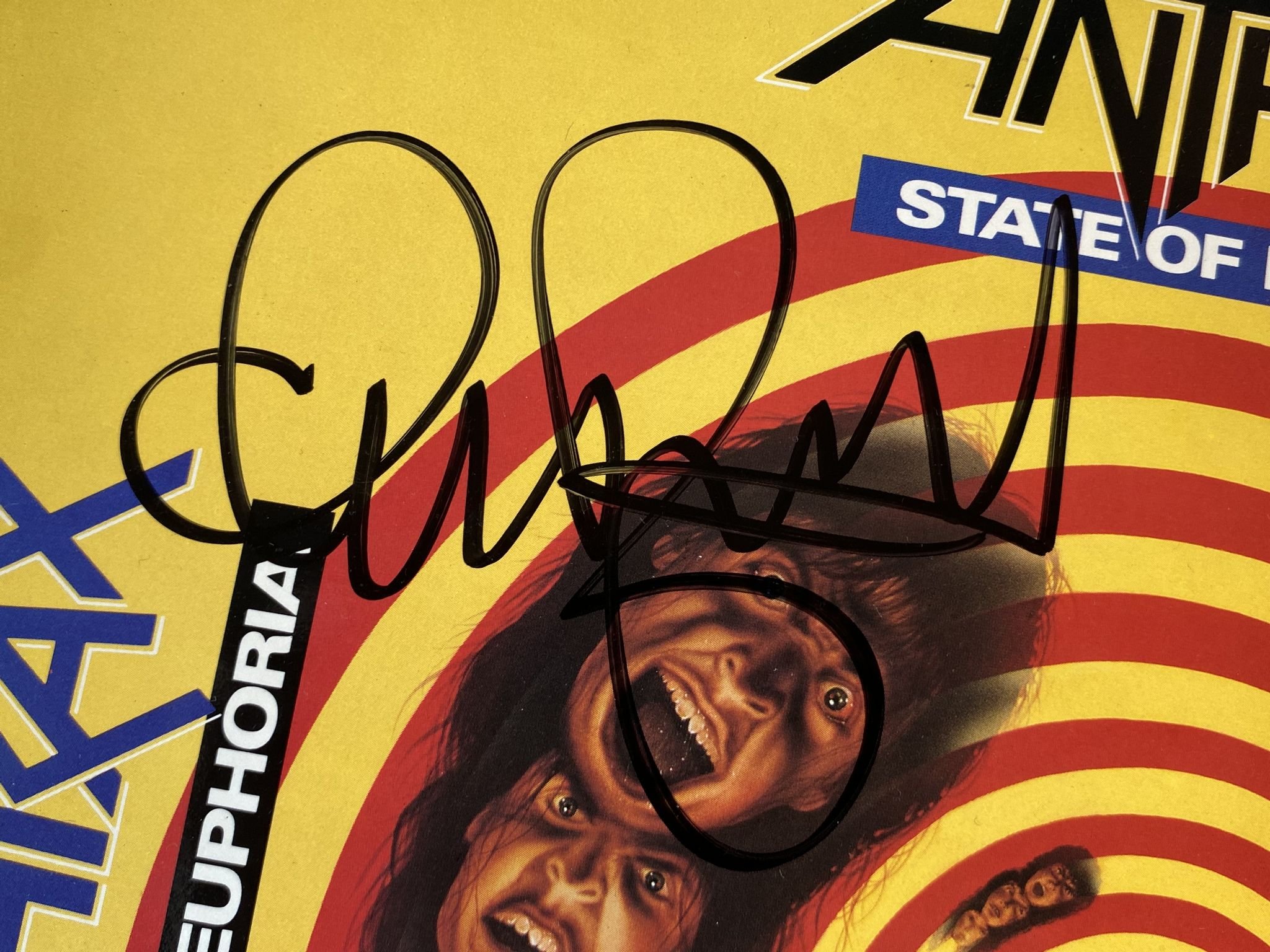 Omslagsbild för skivan ANTHRAX state of Euphoria LP -88 ncb ISLAND ILPS 9916 ** SIGNED BY 4 MEMBERS ***