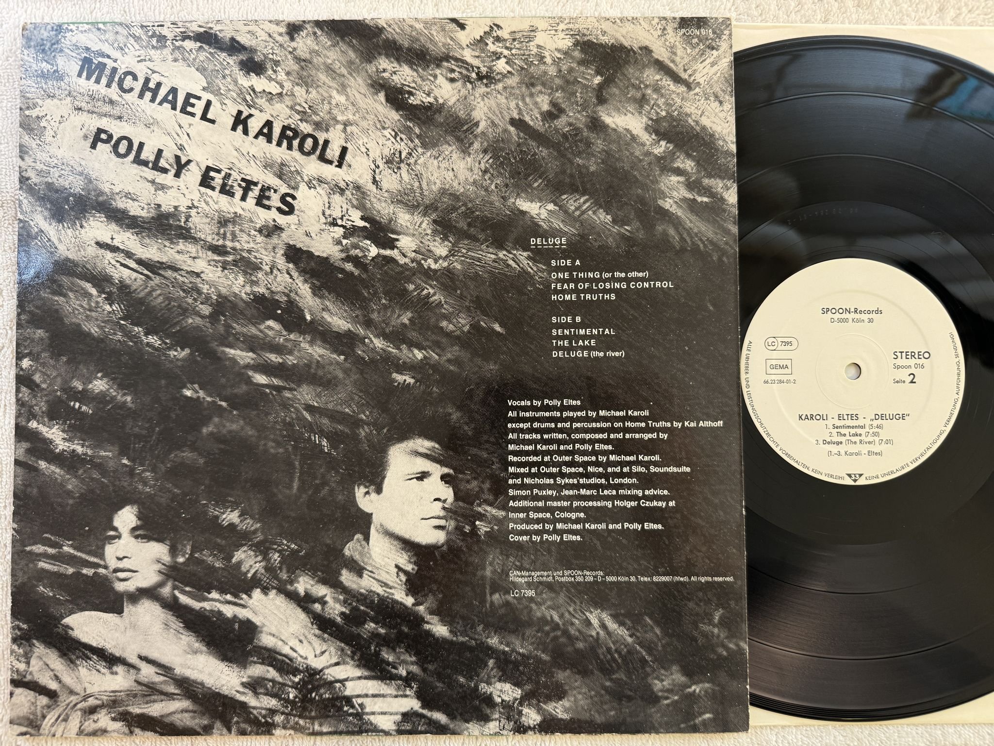 Omslagsbild för skivan MICHAEL KAROLI & POLLY ELTES Deluge LP 84 Ger SPOON 016 * Electronic dub rock *