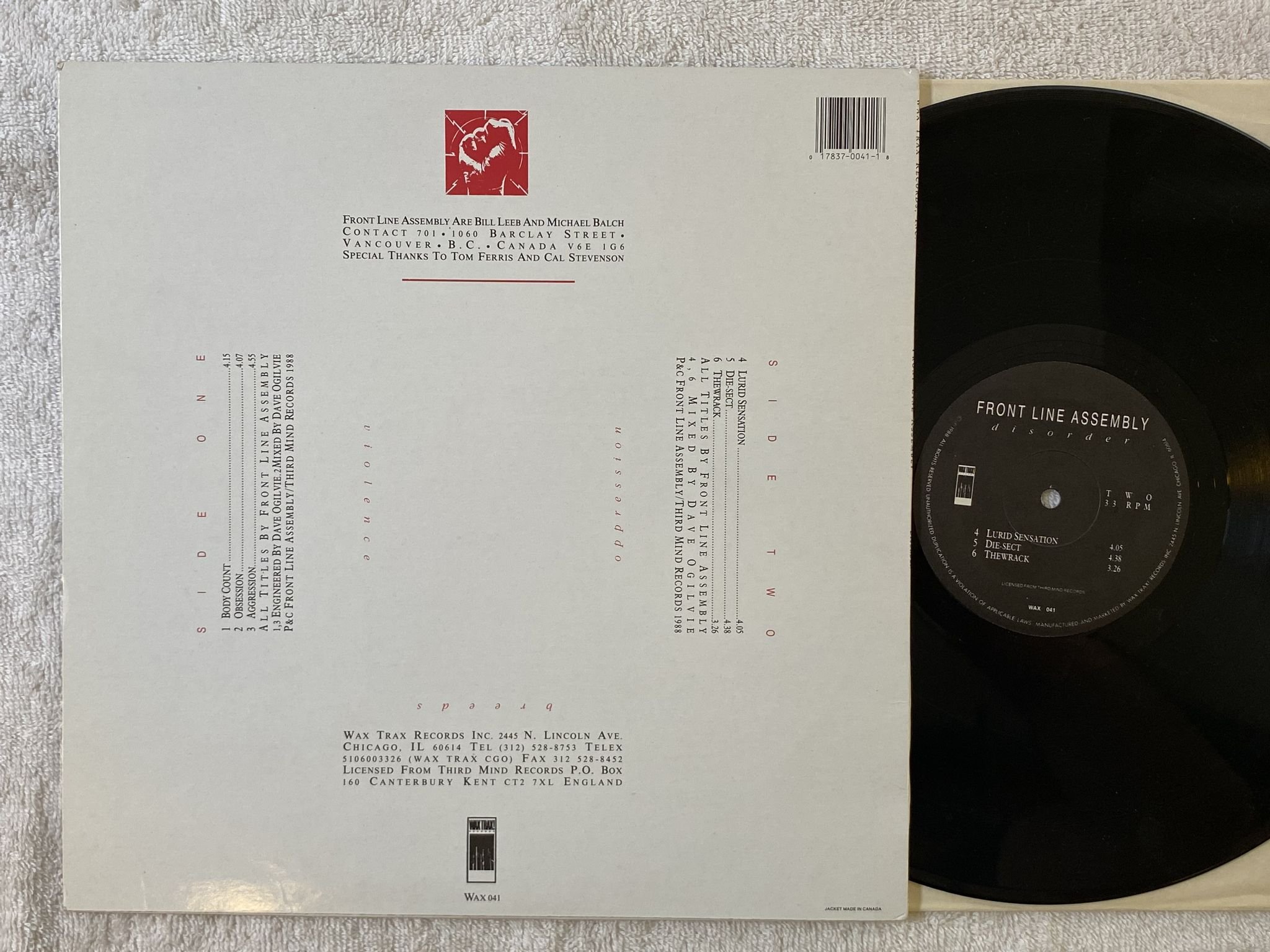 Omslagsbild för skivan FRONT LINE ASSEMBLEY Disorder LP -88 US WAX TRAX! WAX-041