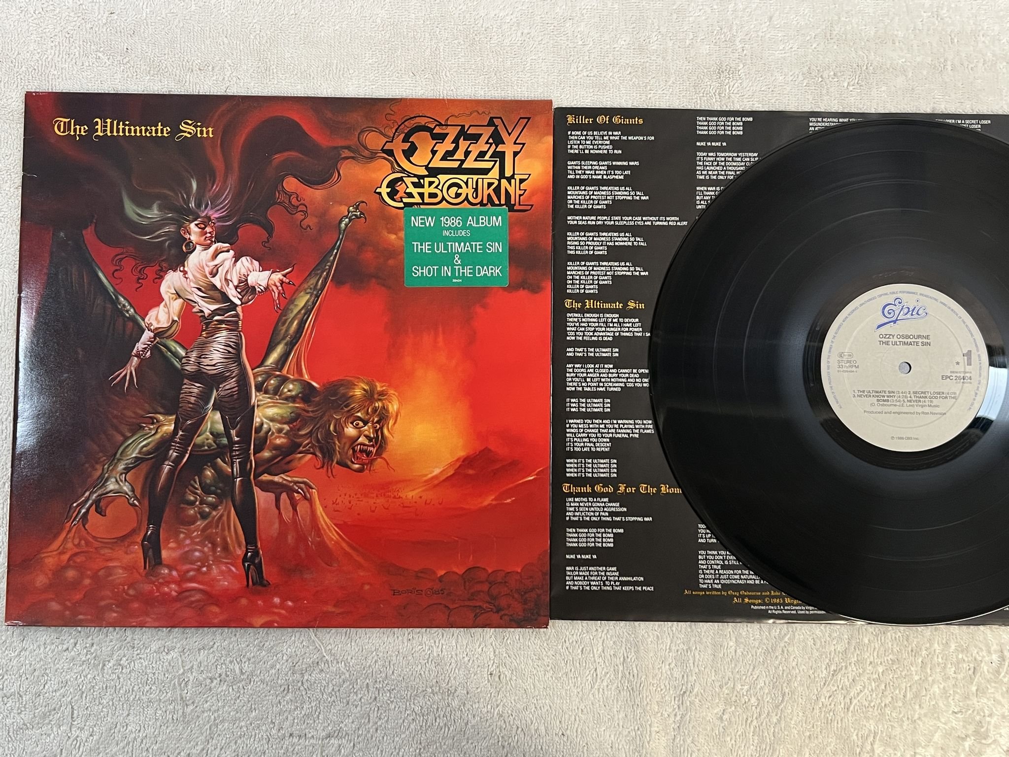 Omslagsbild för skivan OZZY OSBOURNE the ultimate sin LP -86 Hol EPIC EPC 26404