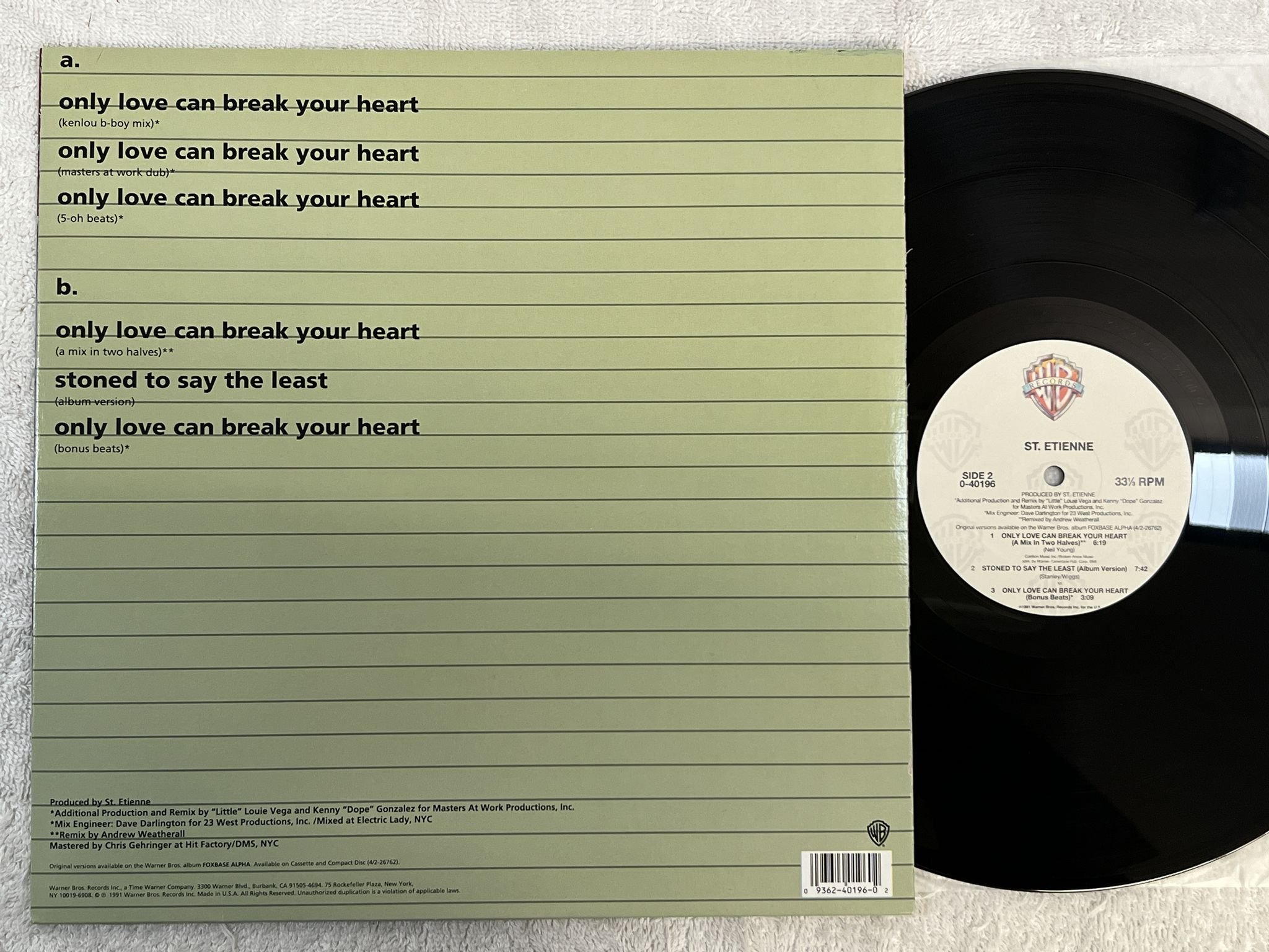 Omslagsbild för skivan ST ETIENNE Only Love Can Break Your Heart 12" -91 US WARNER BROS 0-40196
