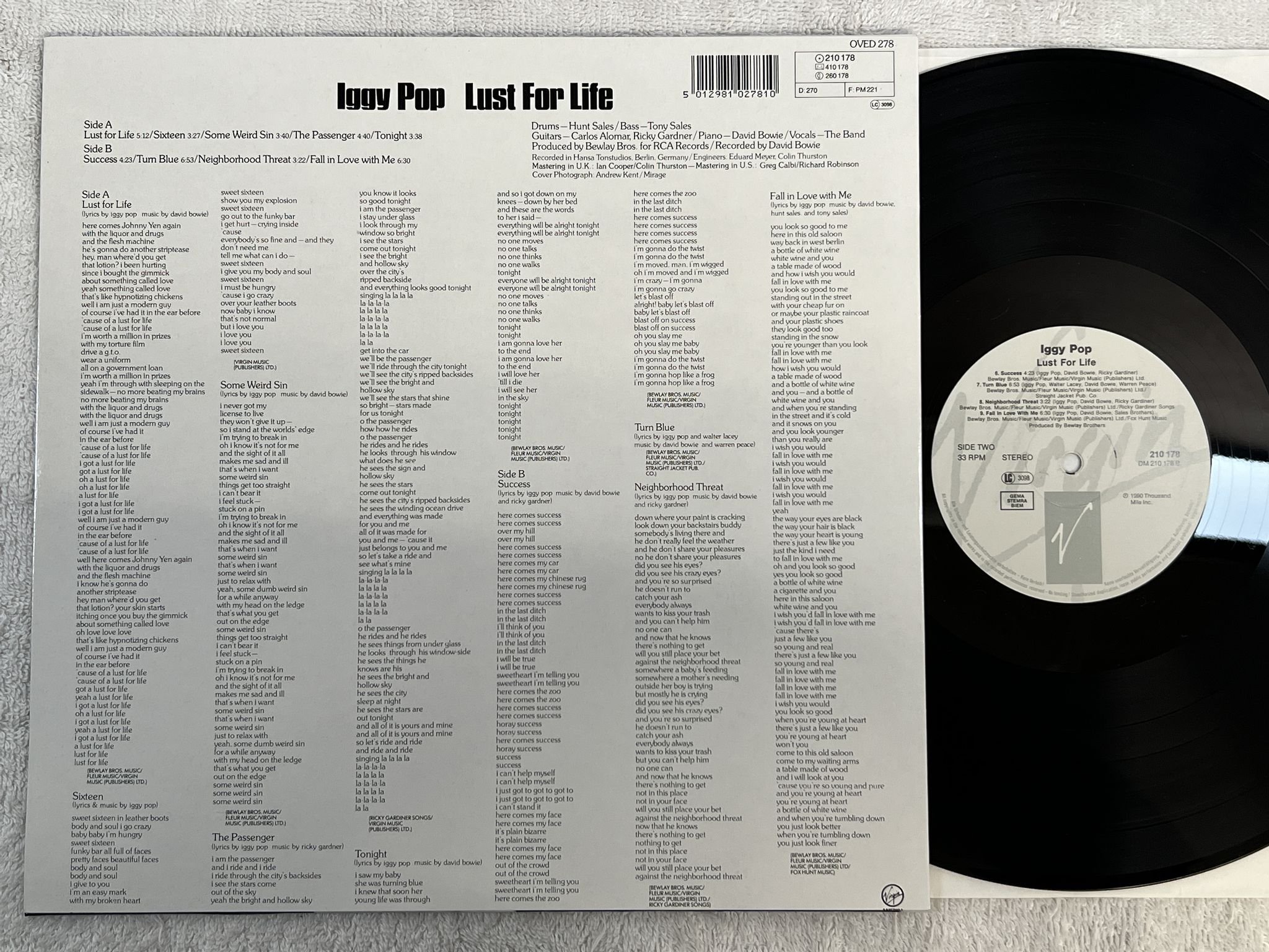 Omslagsbild för skivan IGGY POP lust for life LP -90 VIRGIN 210 178
