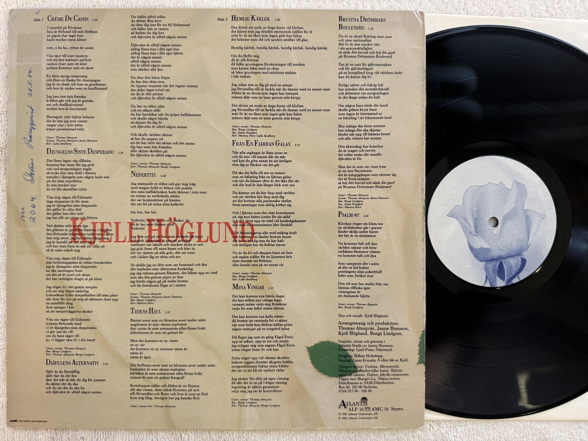 Omslagsbild för skivan KJELL HÖGLUND hemlig kärlek LP -85 ATLANTIS ALP 16