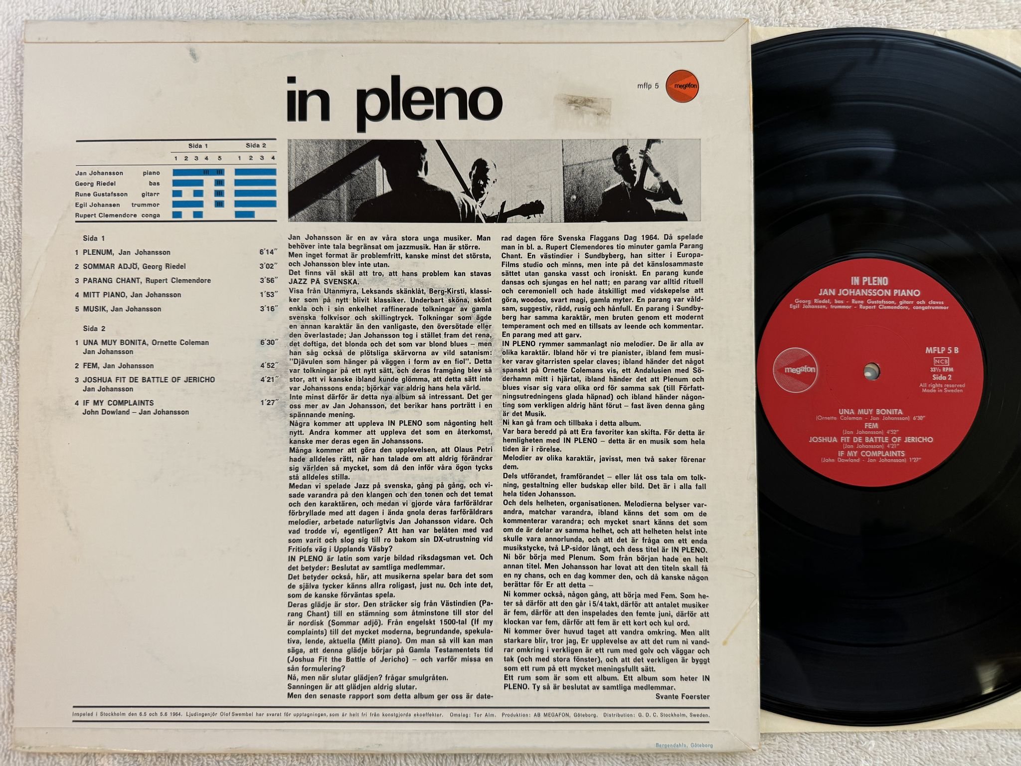 Omslagsbild för skivan JAN JOHANSSON pleno LP -64 Swe MEGAFON MFLP S5