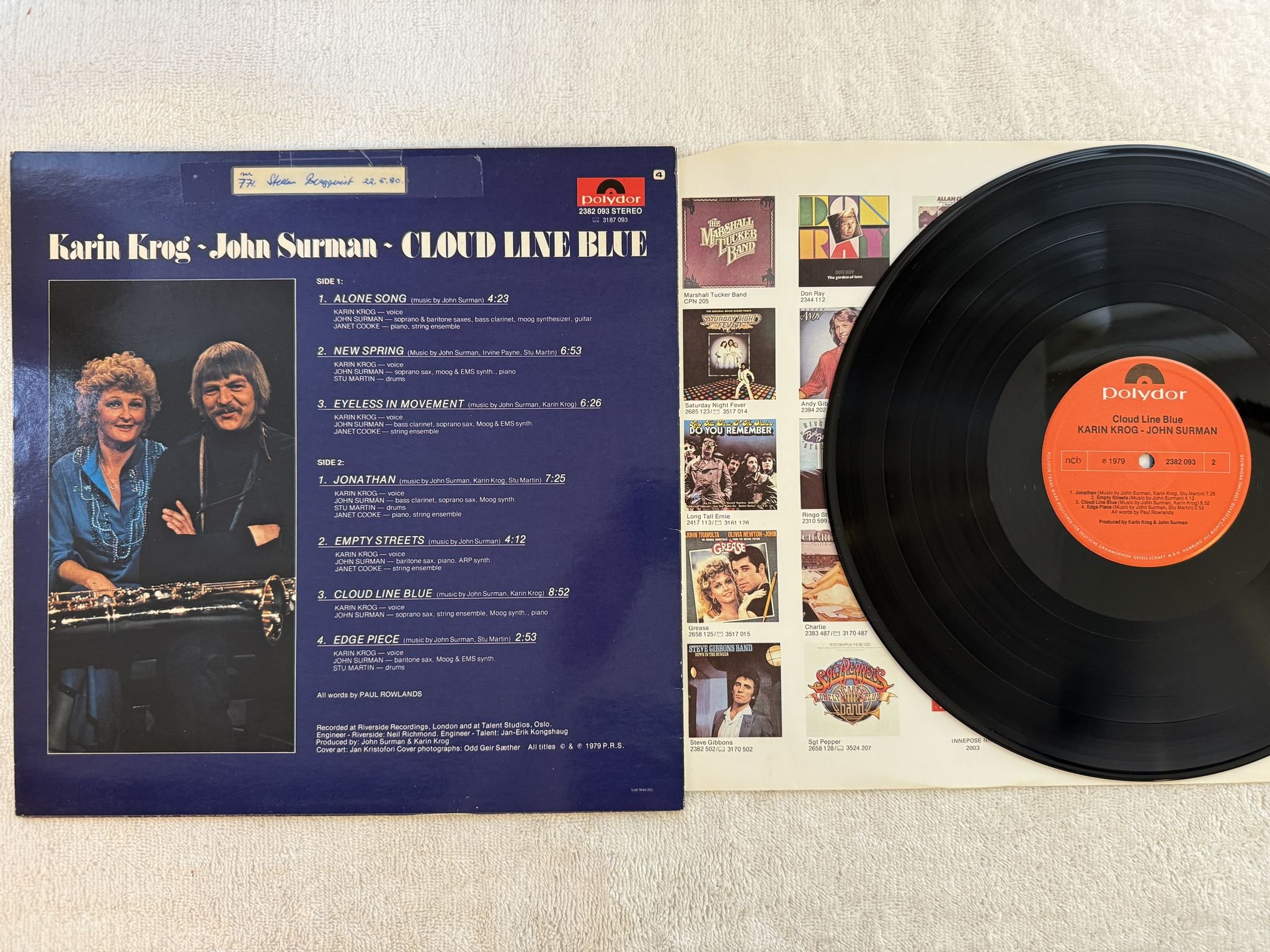 Omslagsbild för skivan KARIN KROG - JOHN SURMAN Cloud Line Blue LP -79 ncb POLYDOR 2382 093