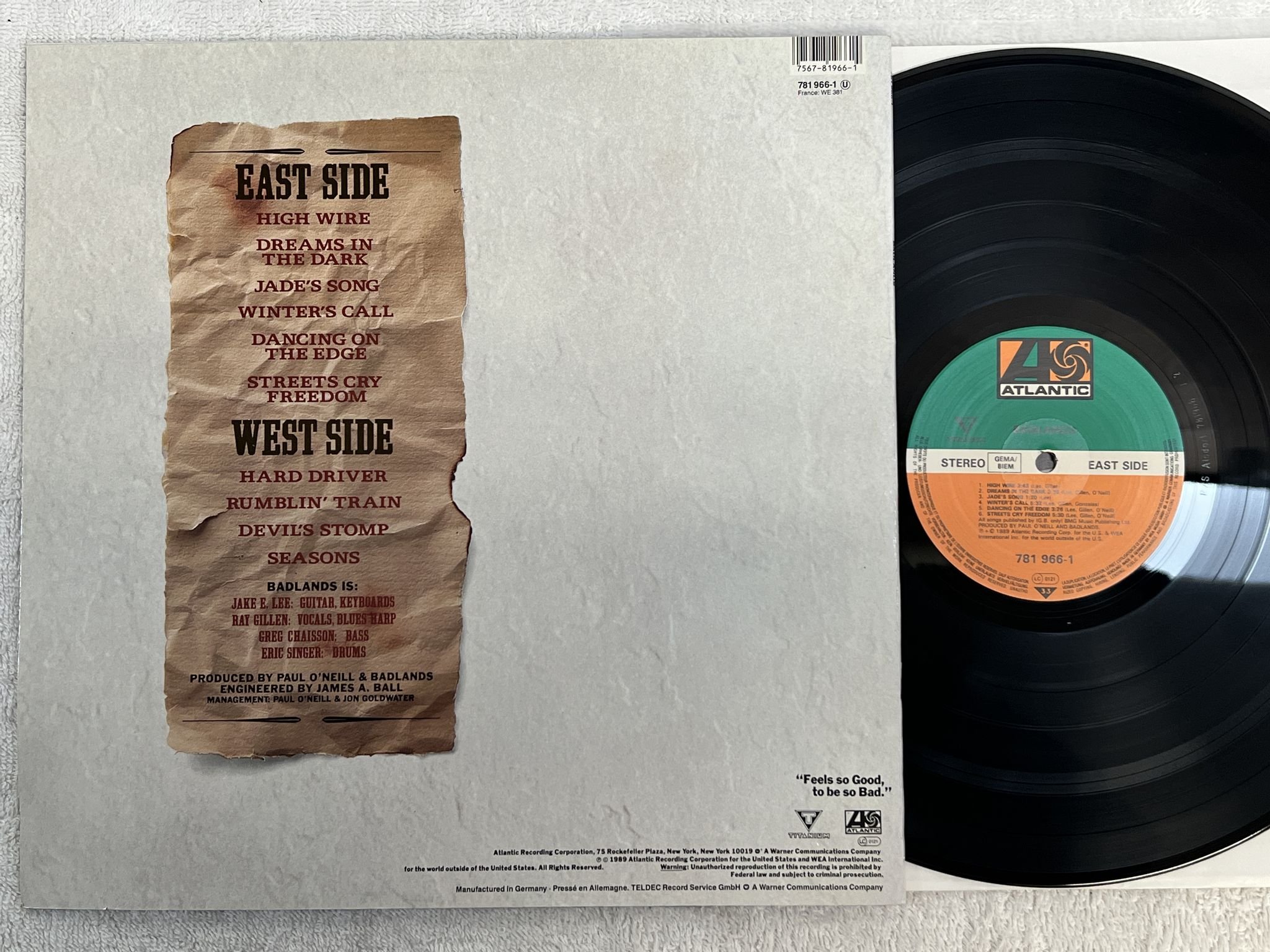 Omslagsbild för skivan BADLANDS s/t LP -89 Ger ATLANTIC 781 966-1