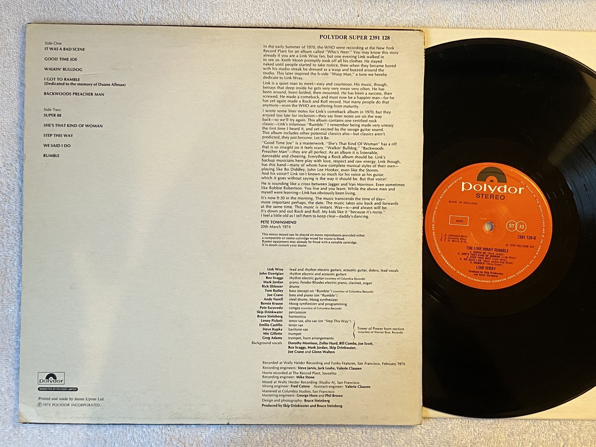 Omslagsbild för skivan LINK WRAY the Link Wray rumble LP -74 UK POLYDOR 2391 128