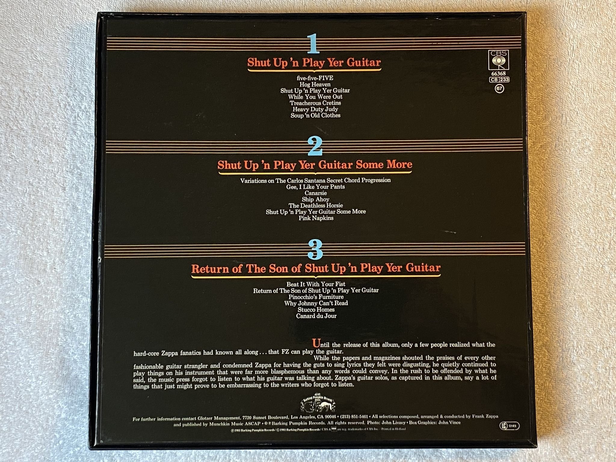Omslagsbild för skivan FRANK ZAPPA shut up 'n play yer guitar 3xLP -81 Ger CBS 66368
