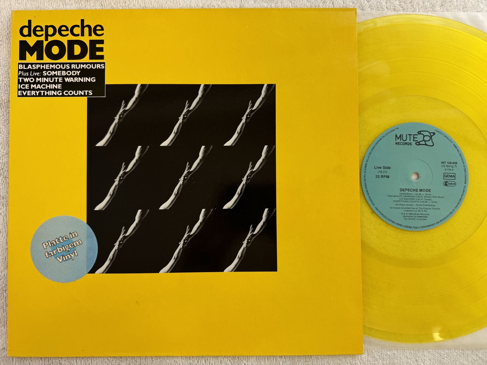 Omslagsbild för skivan DEPECHE MODE blasphemous rumours 12" -84 Ger MUTE INT 126839 ** Yellow Vinyl **