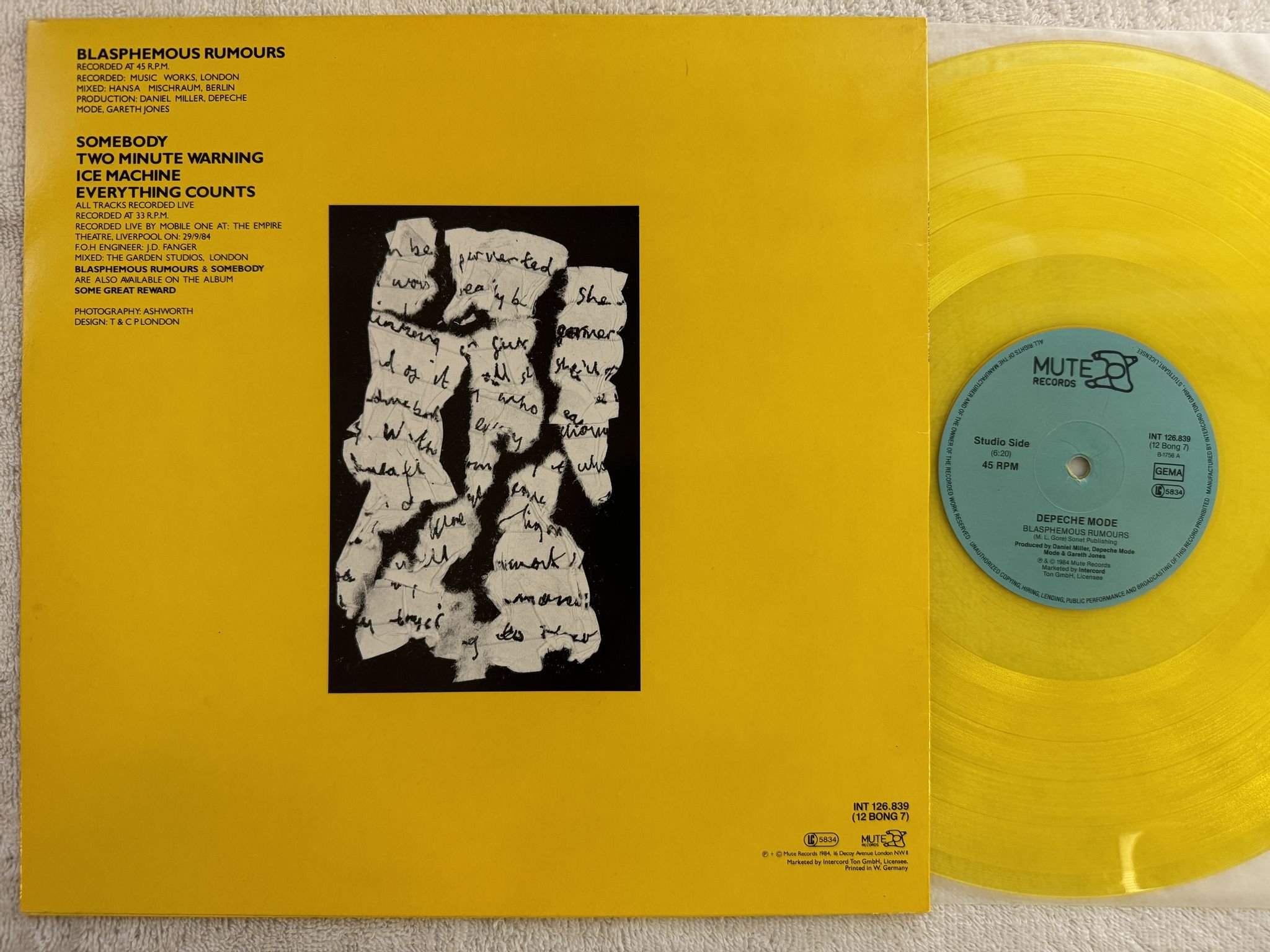 Omslagsbild för skivan DEPECHE MODE blasphemous rumours 12" -84 Ger MUTE INT 126839 ** Yellow Vinyl **
