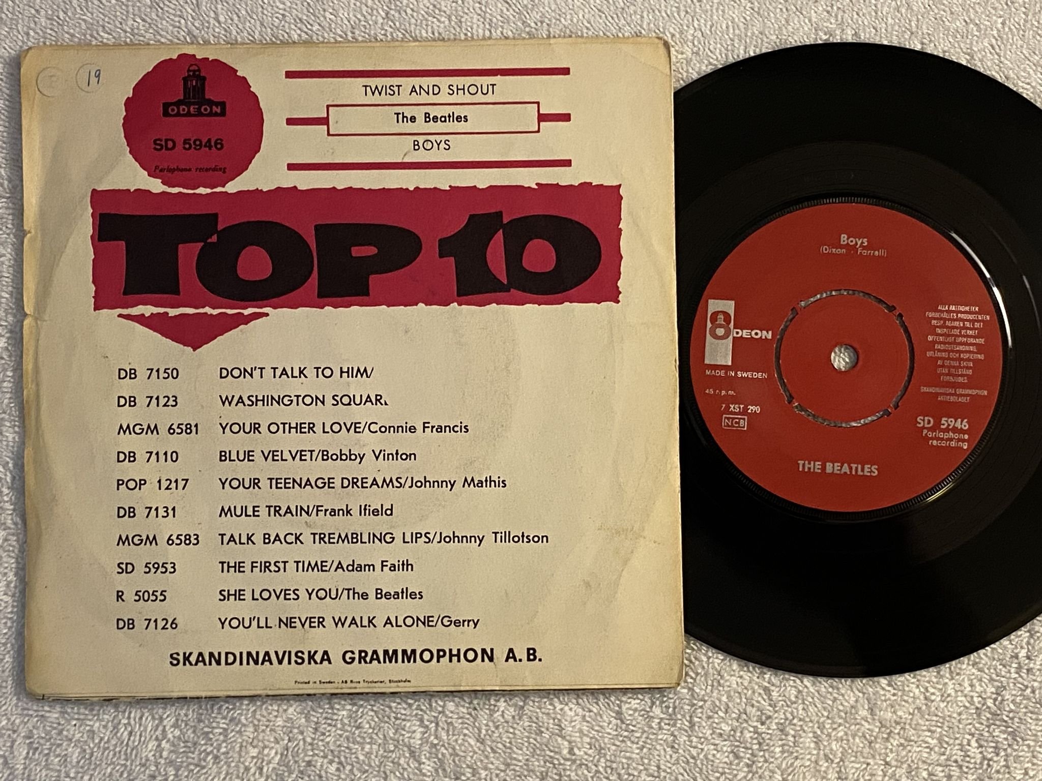 Omslagsbild för skivan THE BEATLES twist & shout 7" -63 Swe ODEON SD 5946