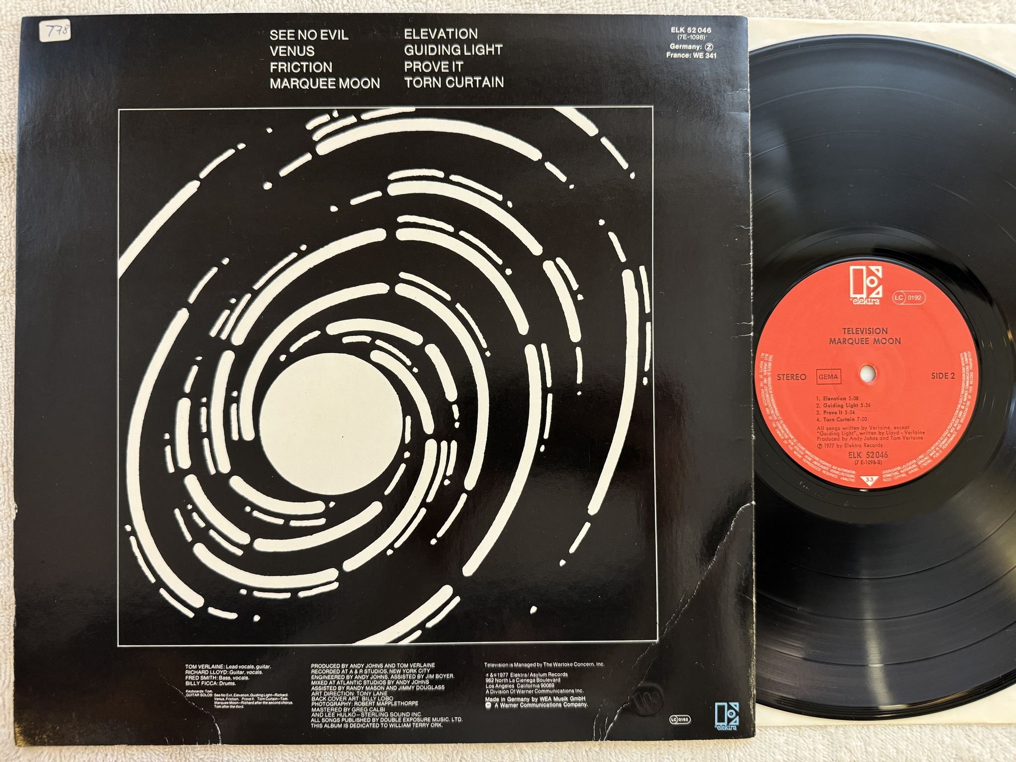 Omslagsbild för skivan TELEVISION marquee moon LP re Ger ELEKTRA ELK 52046