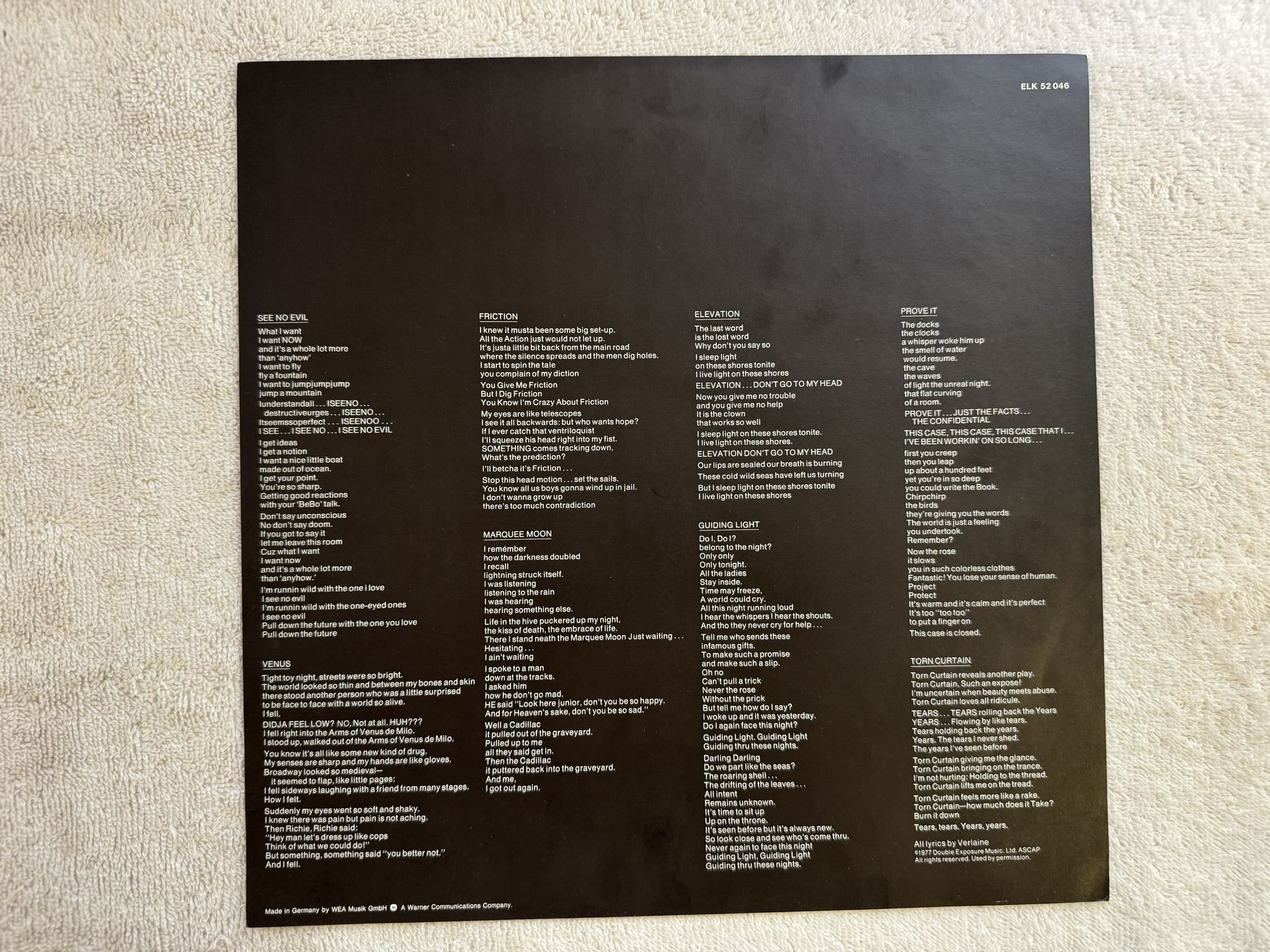 Omslagsbild för skivan TELEVISION marquee moon LP re Ger ELEKTRA ELK 52046