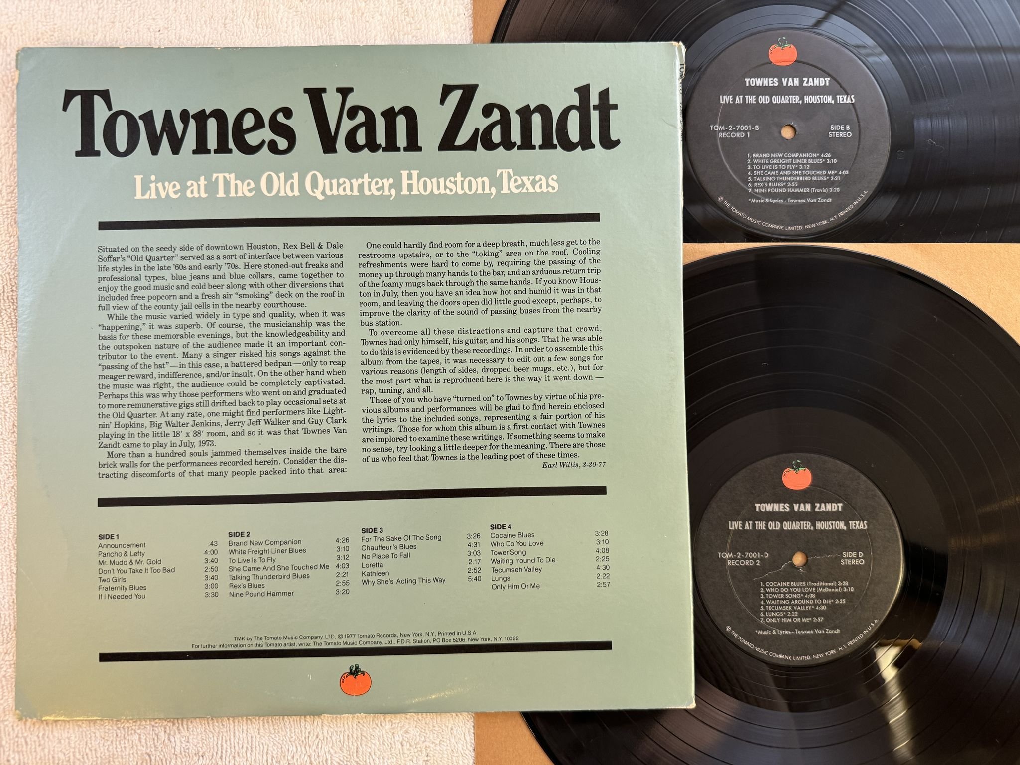 Omslagsbild för skivan TOWNES VAN ZANDT Live At The Old Quarter, Houston 2xLP -77 US TOMATO TOM-2-7001